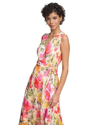 Women's Sleeveless V-Neck Floral Wrap Midi Dress