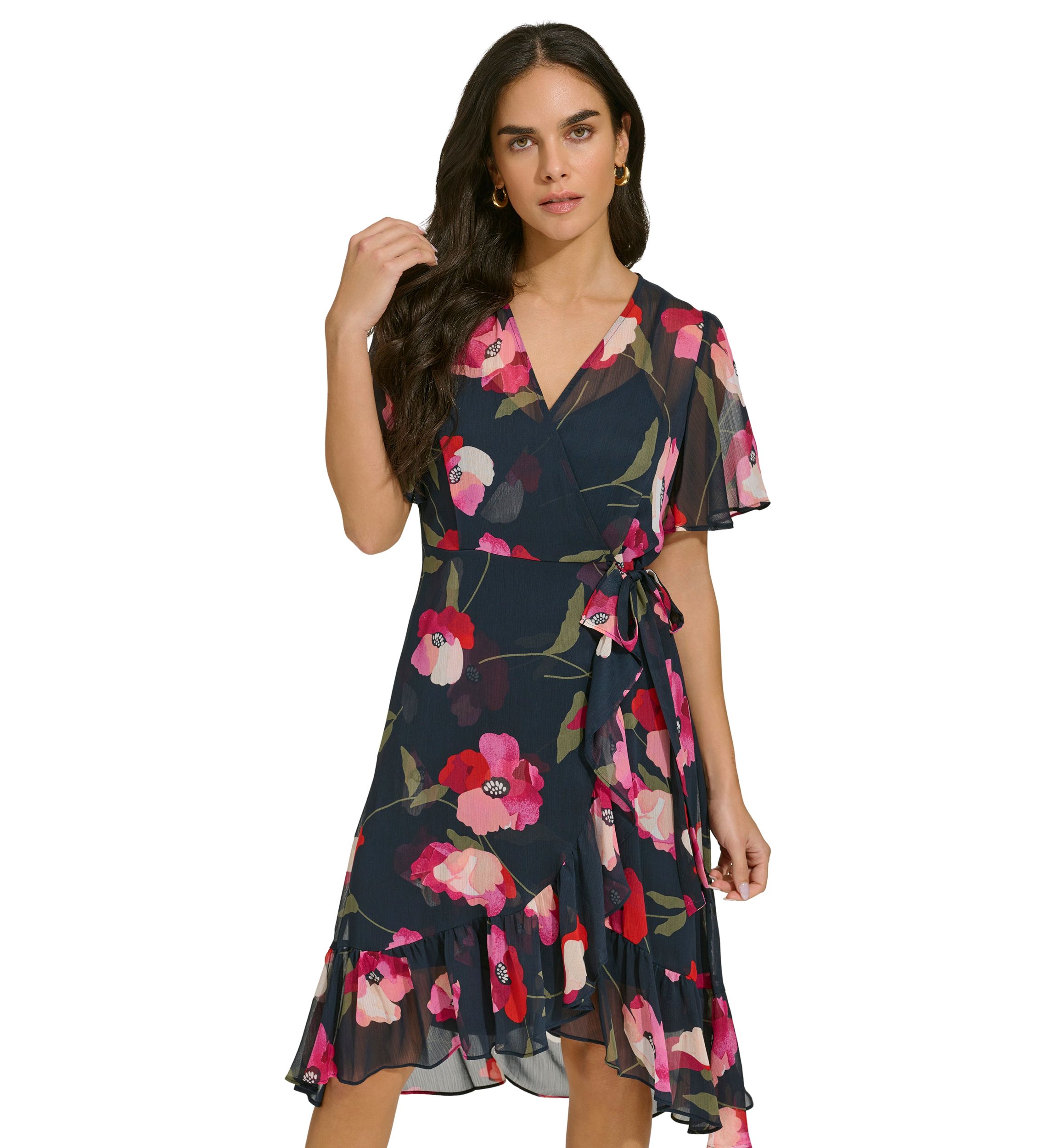 Womens Flutter Sleeve Floral Tie Waist Dress