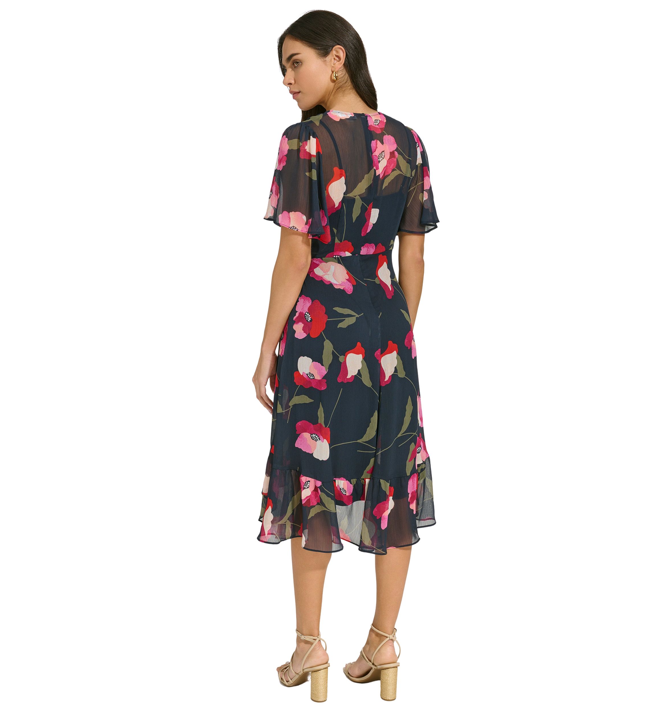 Womens Flutter Sleeve Floral Tie Waist Dress