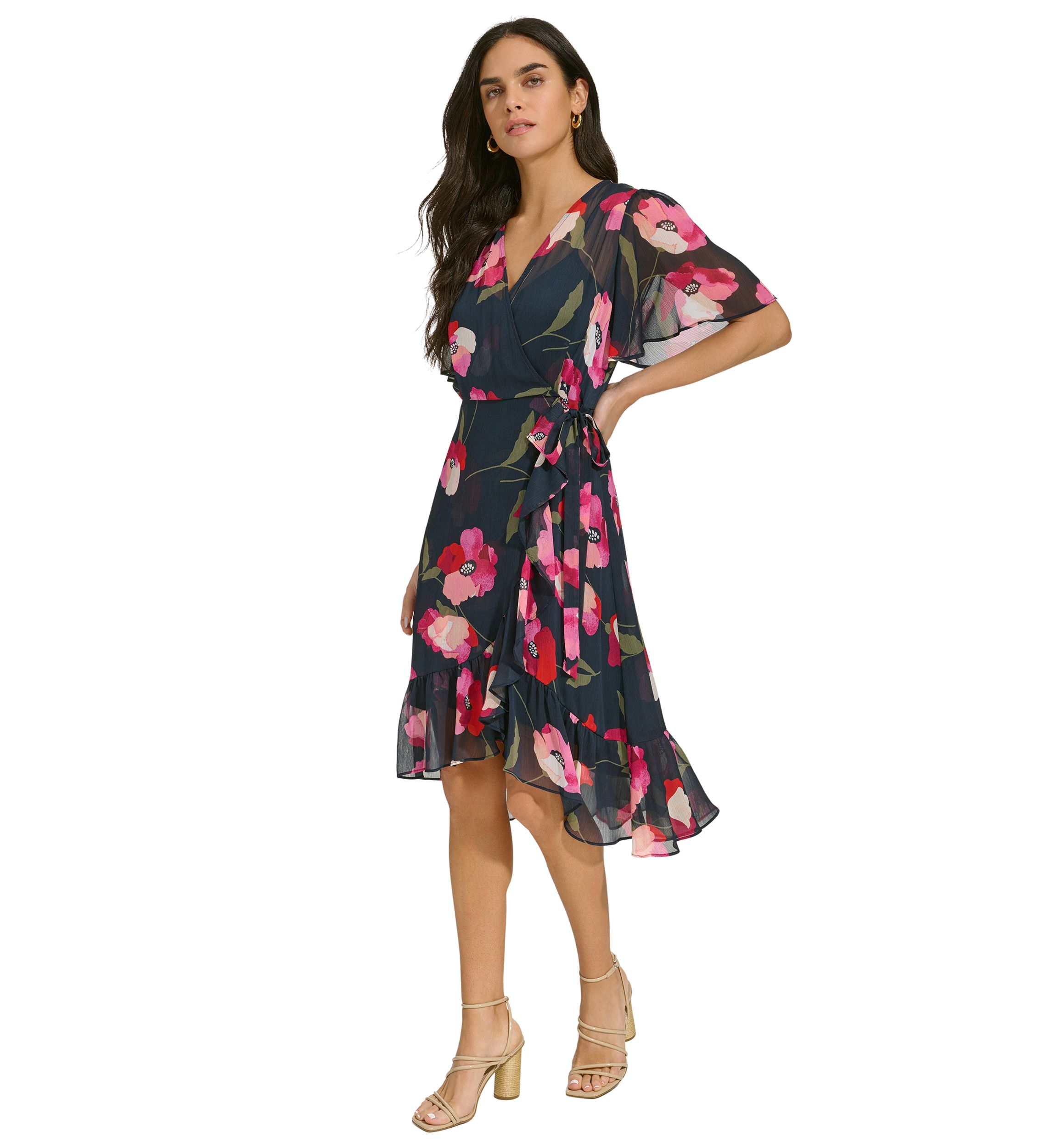 Womens Flutter Sleeve Floral Tie Waist Dress
