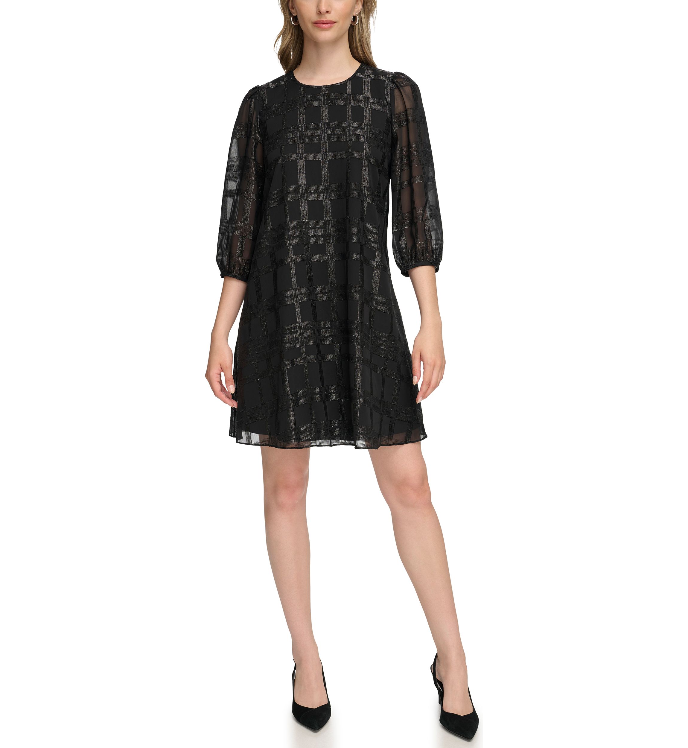 Womens 3/4 Puff Sleeve Chiffon A-Line Dress