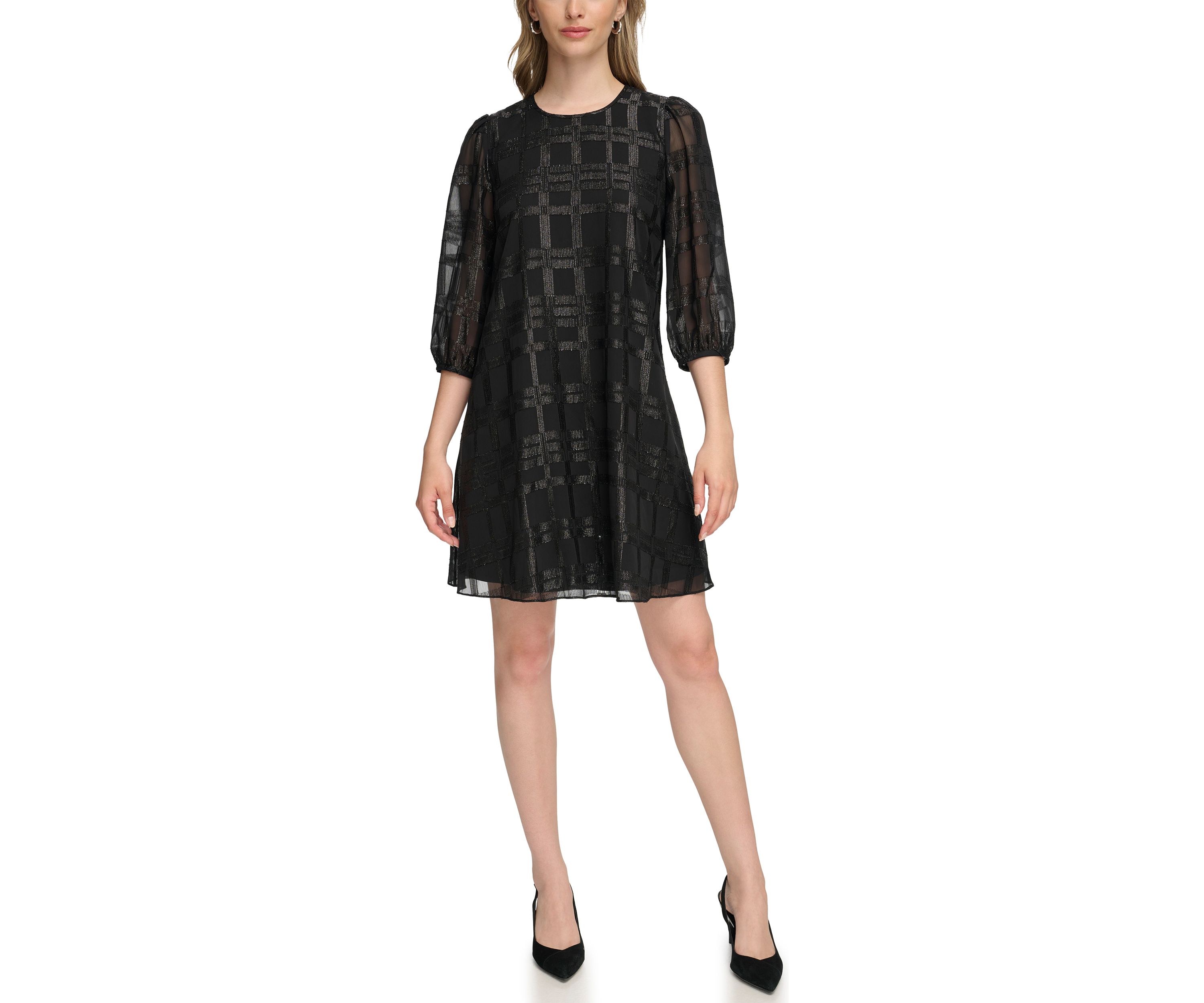Womens 3/4 Puff Sleeve Chiffon A-Line Dress