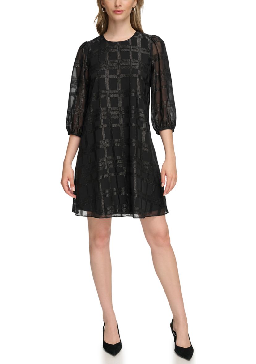 Womens 3/4 Puff Sleeve Chiffon A-Line Dress