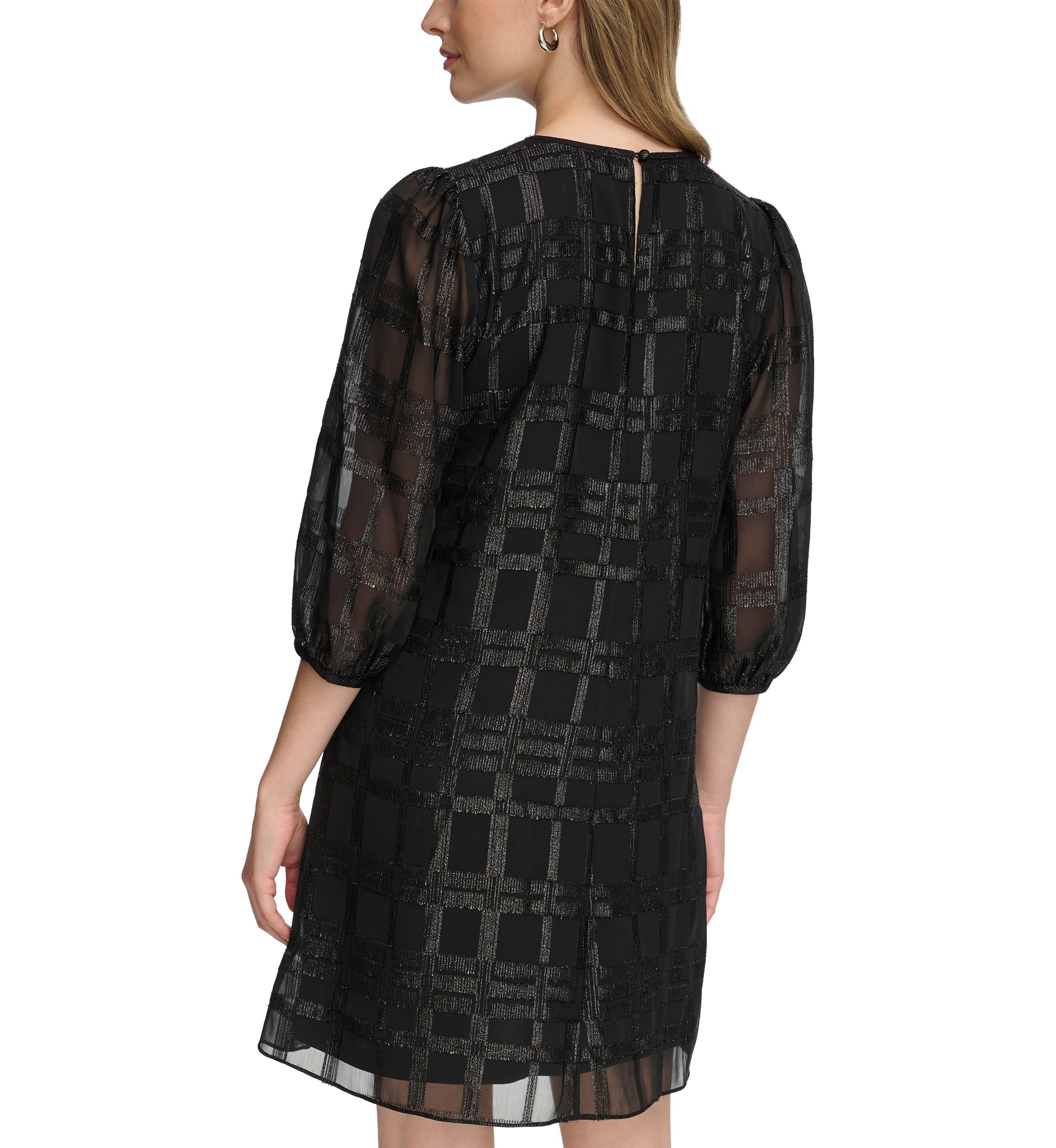 Womens 3/4 Puff Sleeve Chiffon A-Line Dress