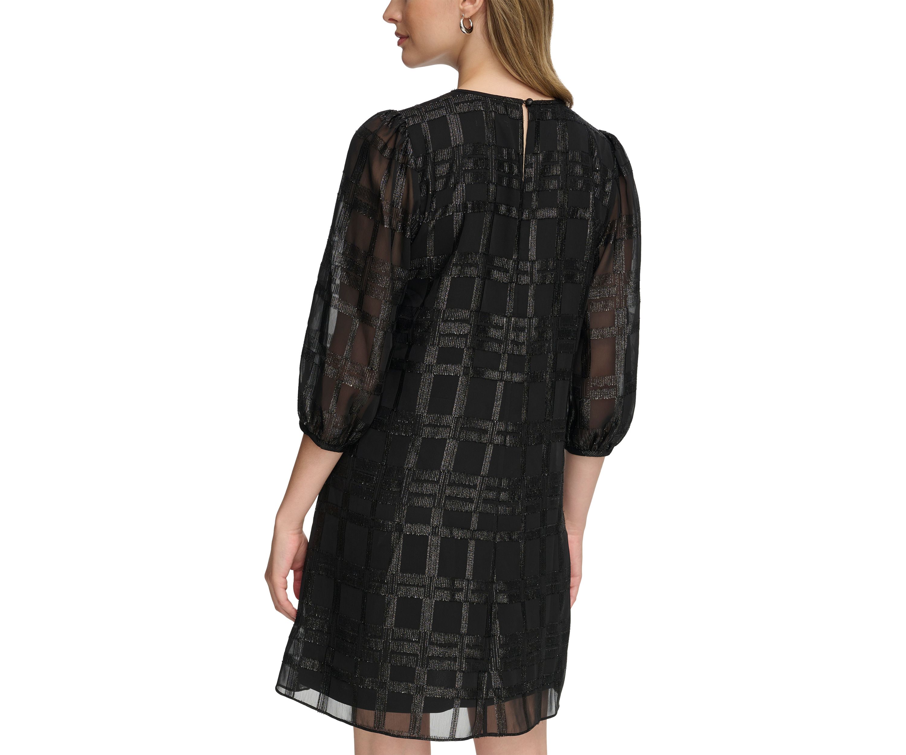 Womens 3/4 Puff Sleeve Chiffon A-Line Dress