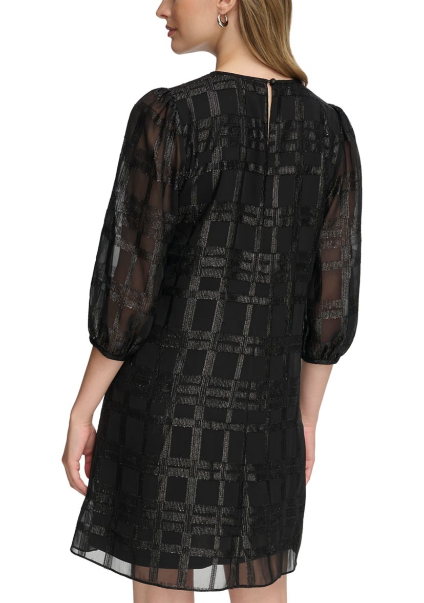 Womens 3/4 Puff Sleeve Chiffon A-Line Dress