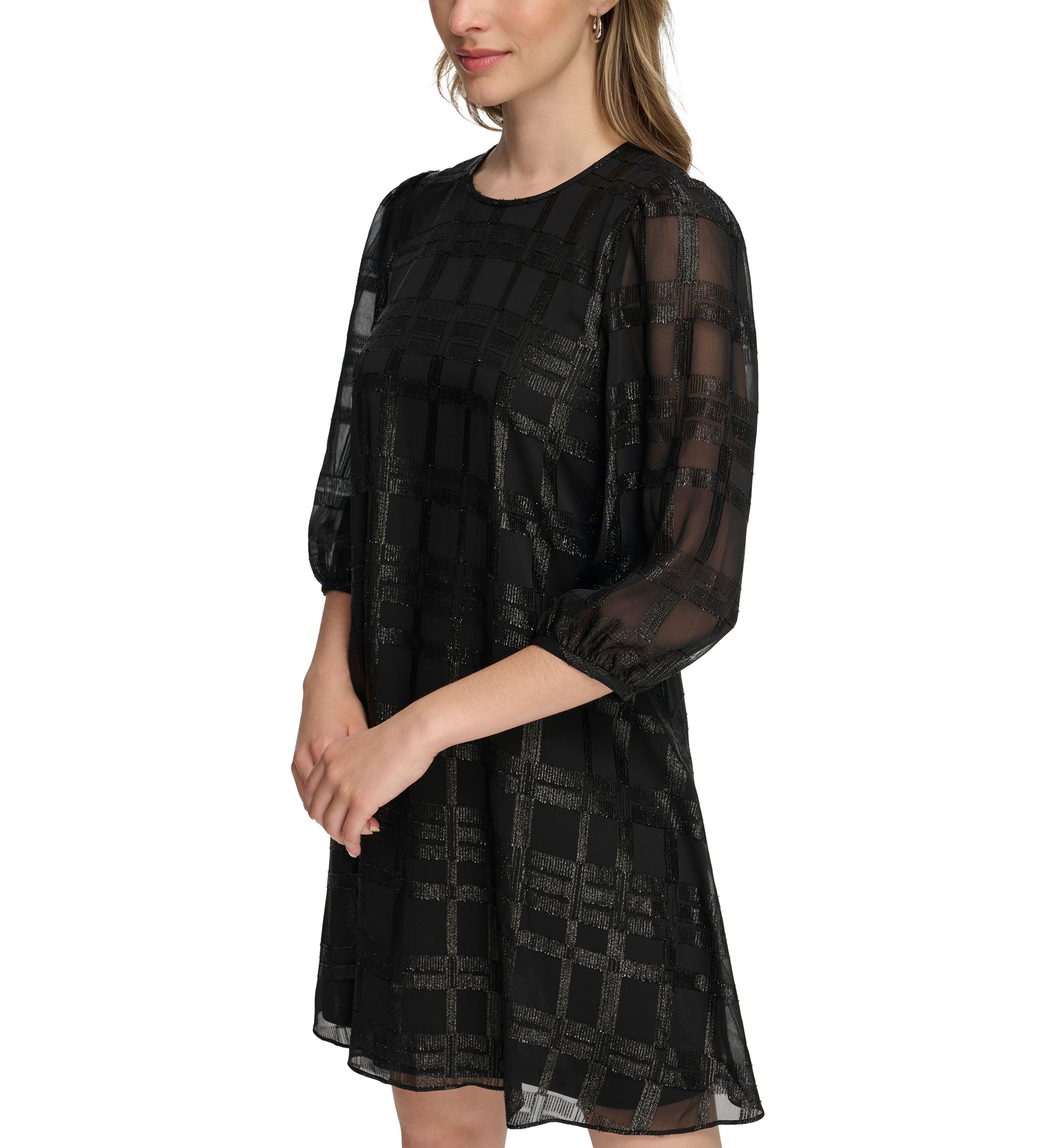 Womens 3/4 Puff Sleeve Chiffon A-Line Dress
