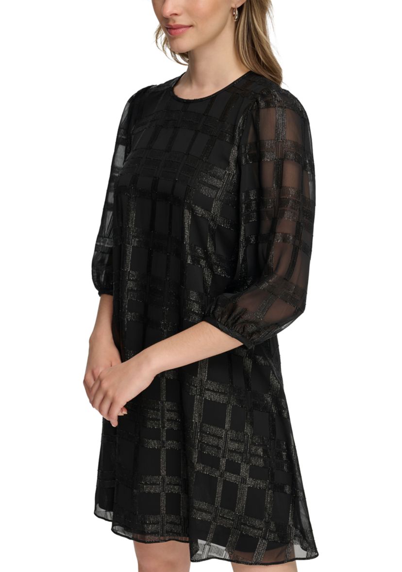 Womens 3/4 Puff Sleeve Chiffon A-Line Dress