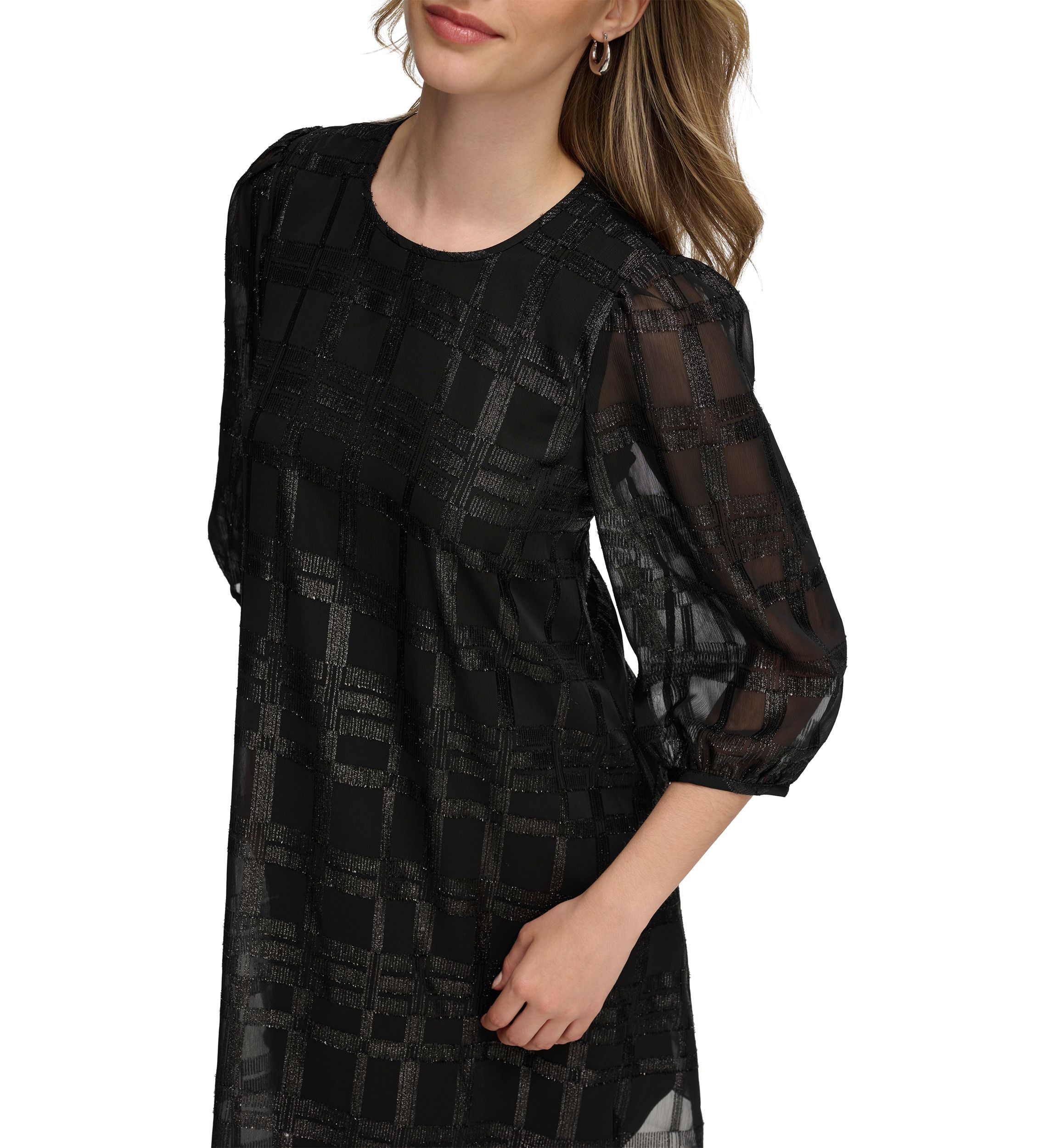 Womens 3/4 Puff Sleeve Chiffon A-Line Dress
