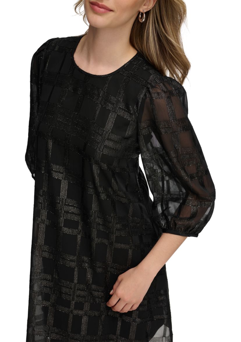 Womens 3/4 Puff Sleeve Chiffon A-Line Dress