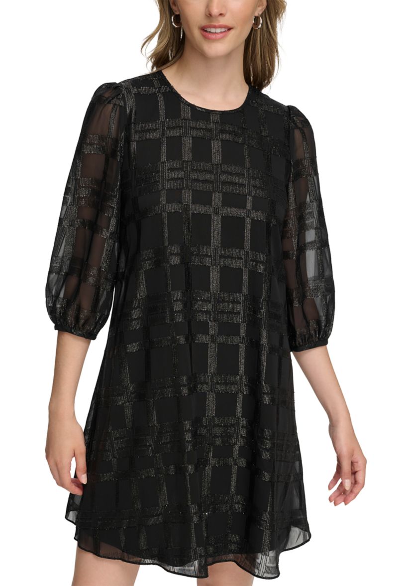 Womens 3/4 Puff Sleeve Chiffon A-Line Dress