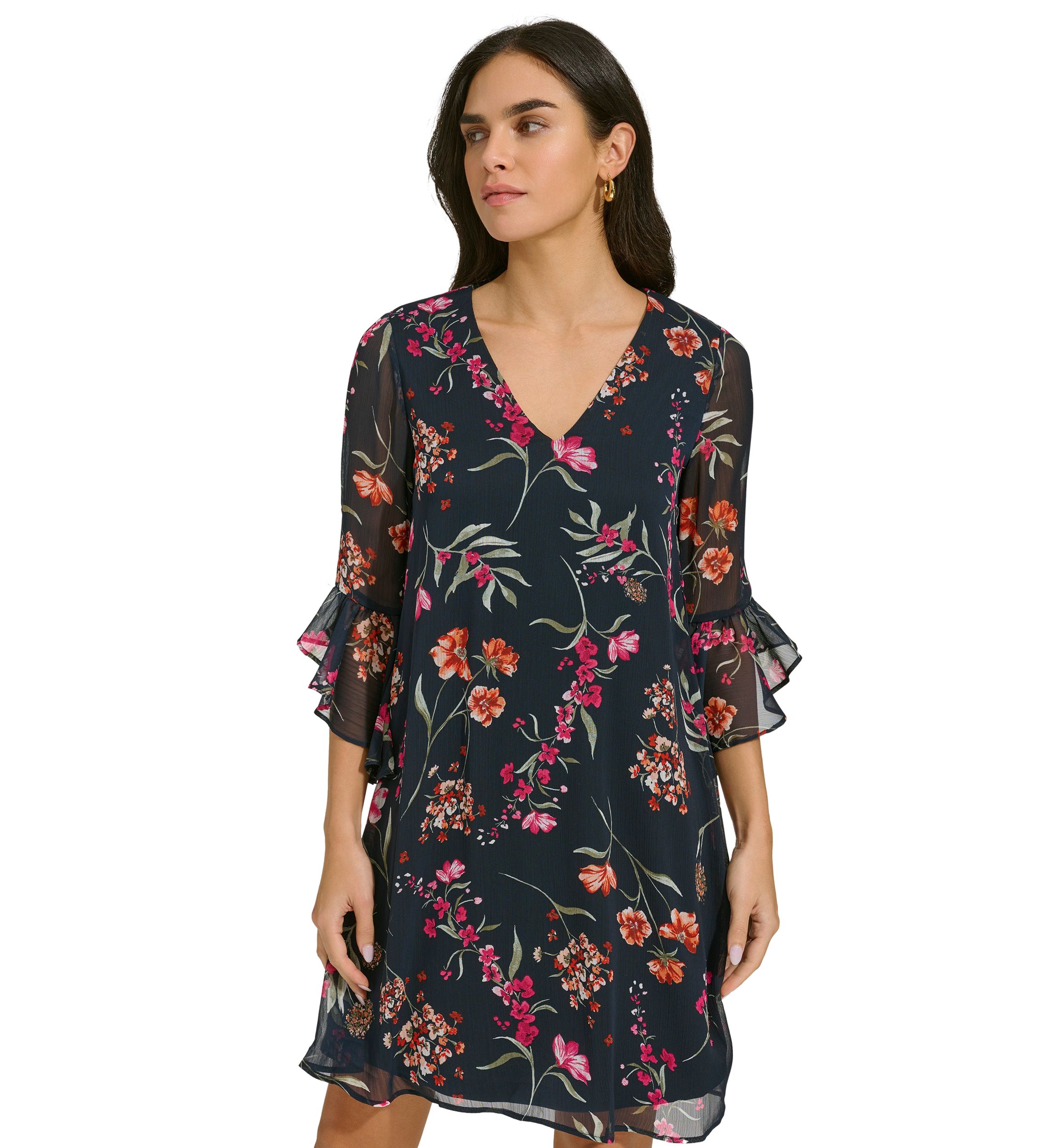 Womens Bell Sleeve Floral V-Neck Dress