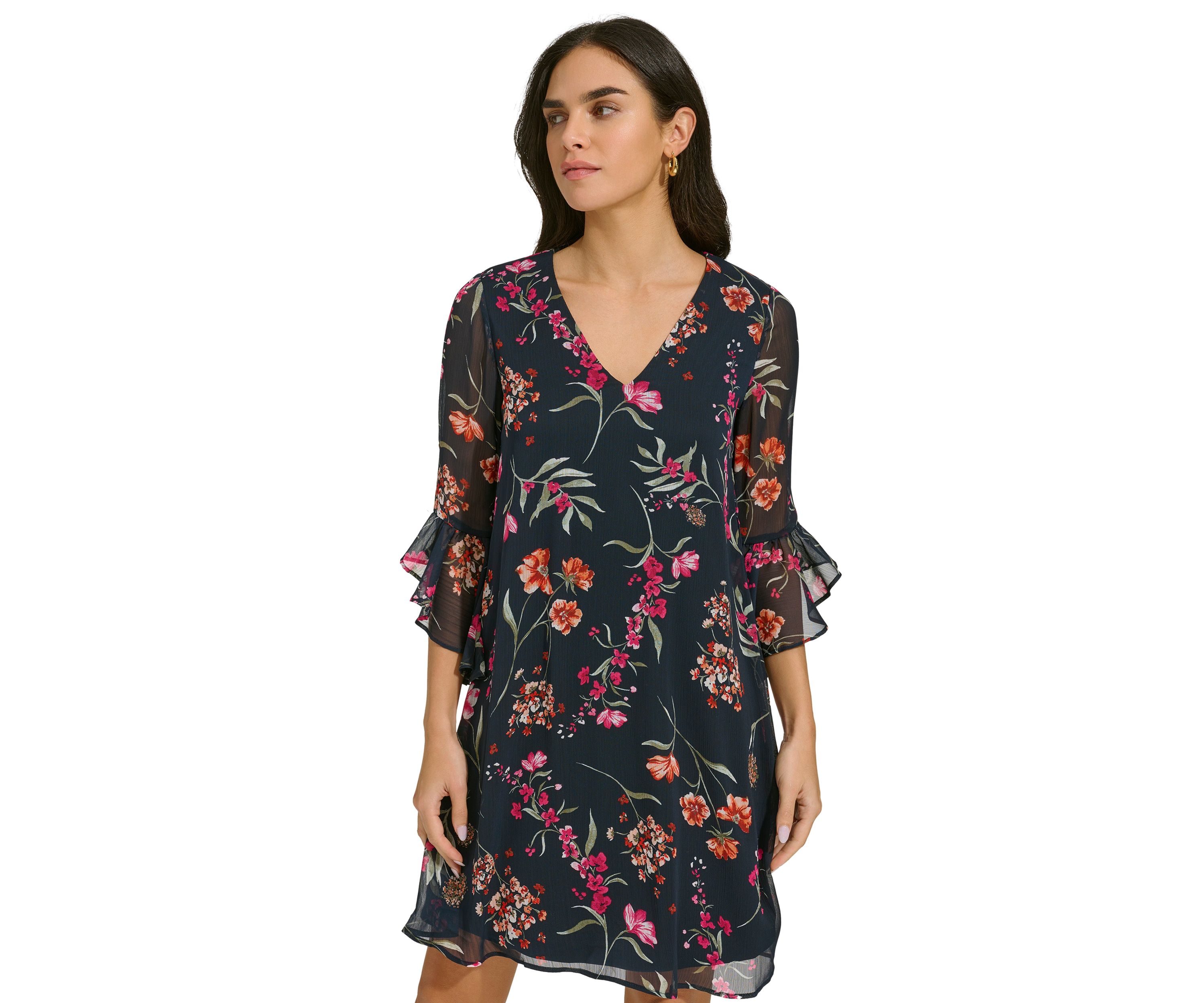 Womens Bell Sleeve Floral V-Neck Dress