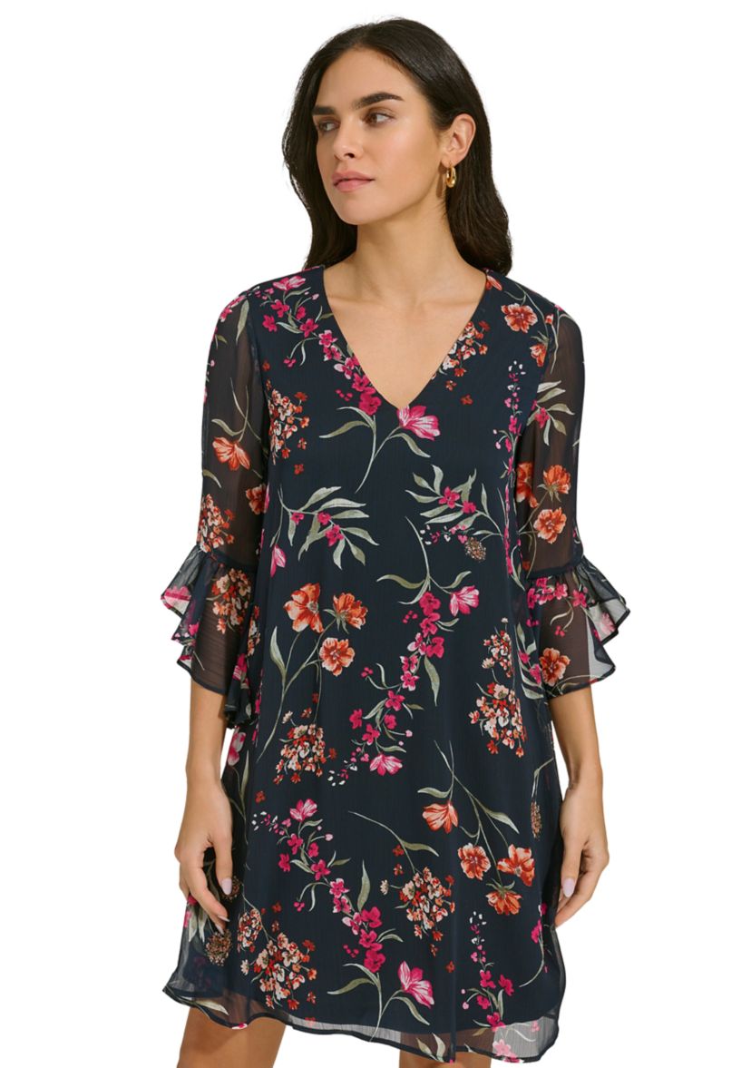 Womens Bell Sleeve Floral V-Neck Dress