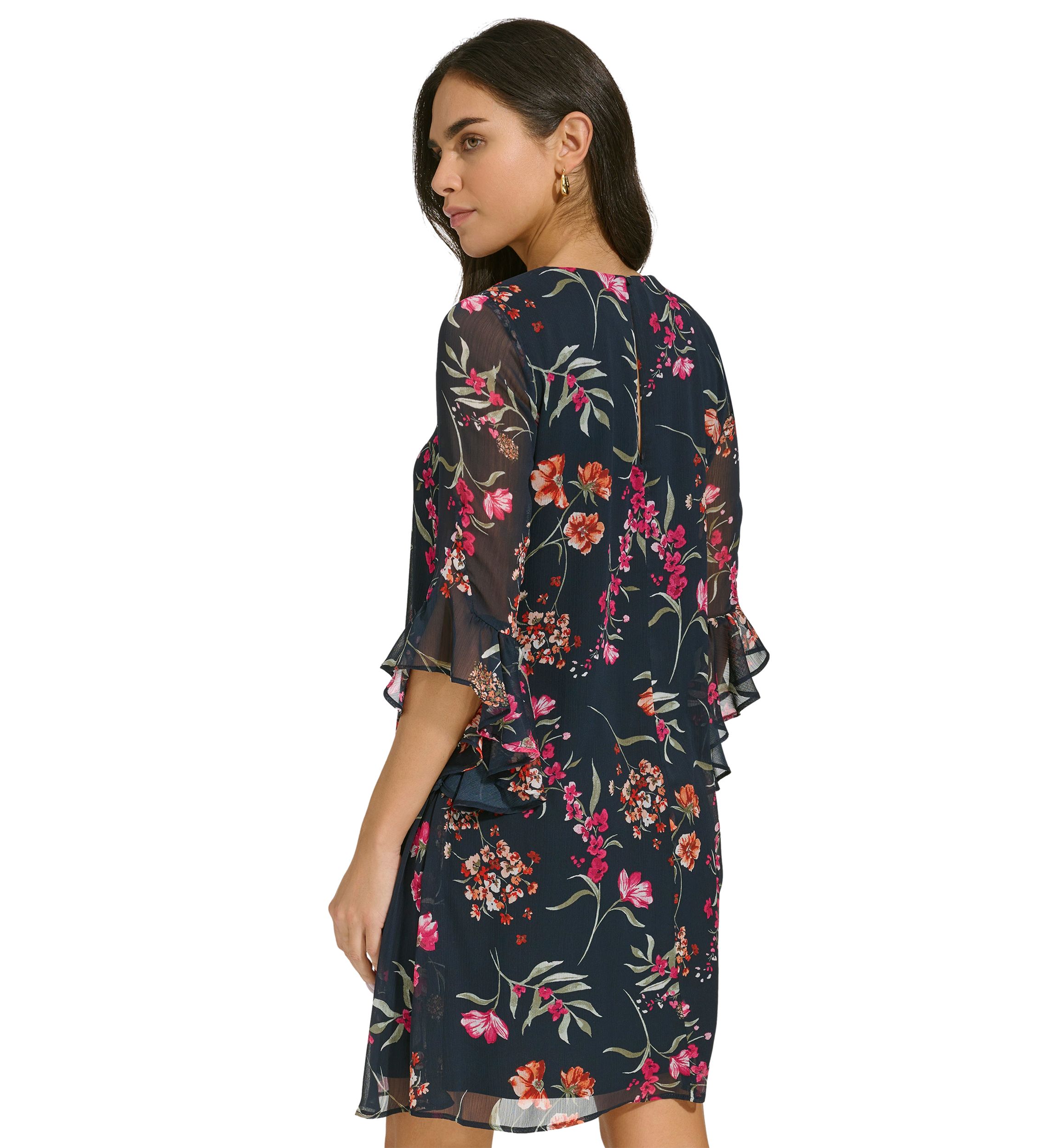 Womens Bell Sleeve Floral V-Neck Dress
