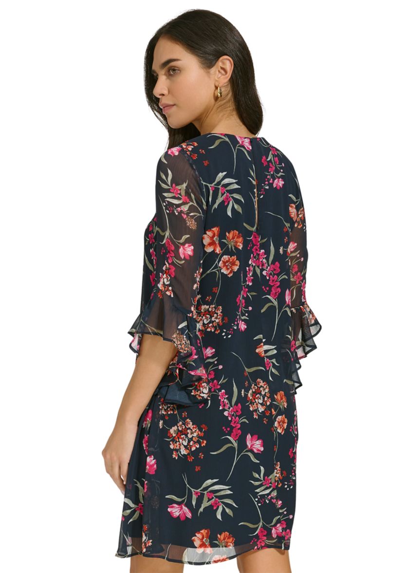 Womens Bell Sleeve Floral V-Neck Dress