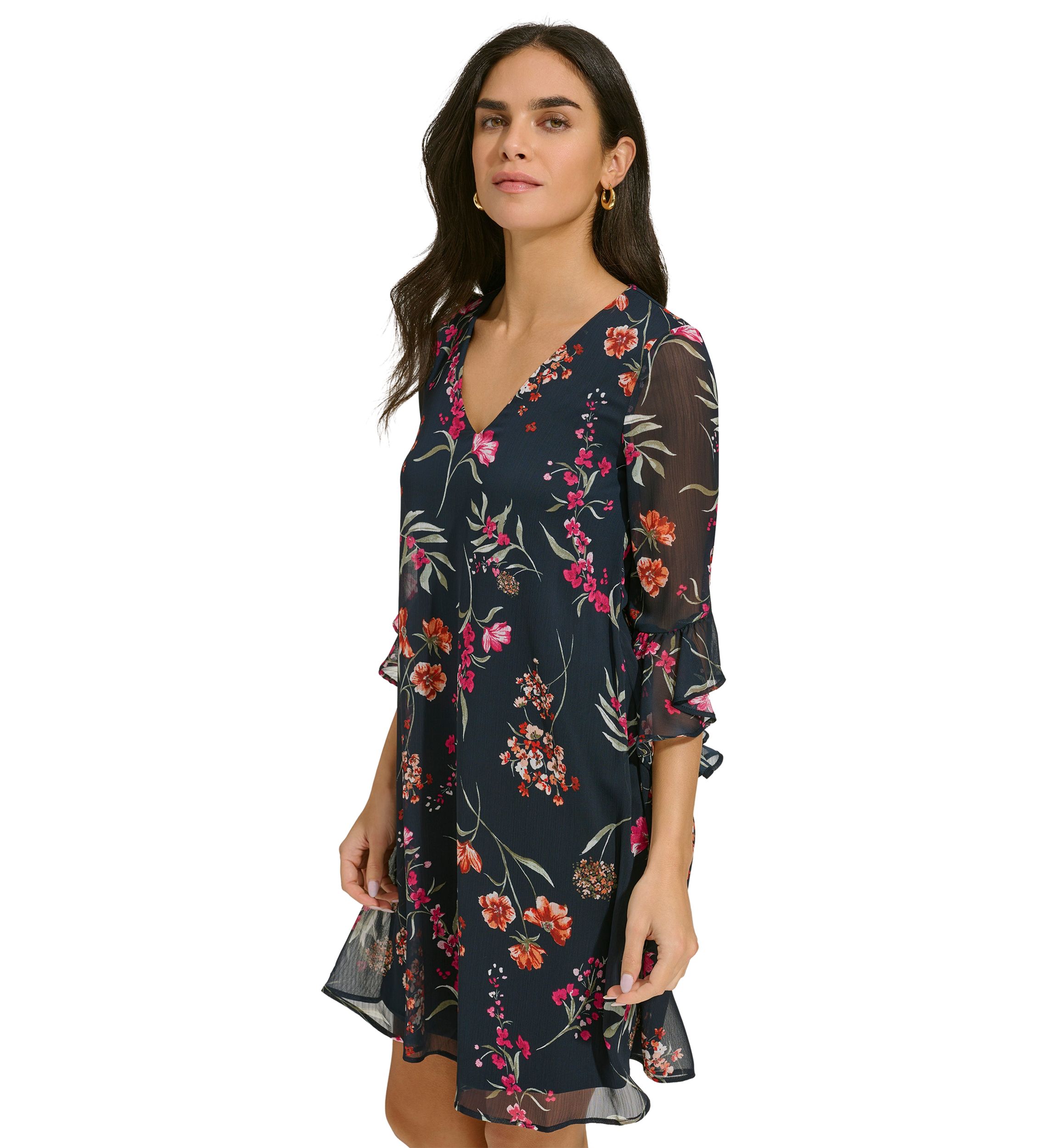 Womens Bell Sleeve Floral V-Neck Dress