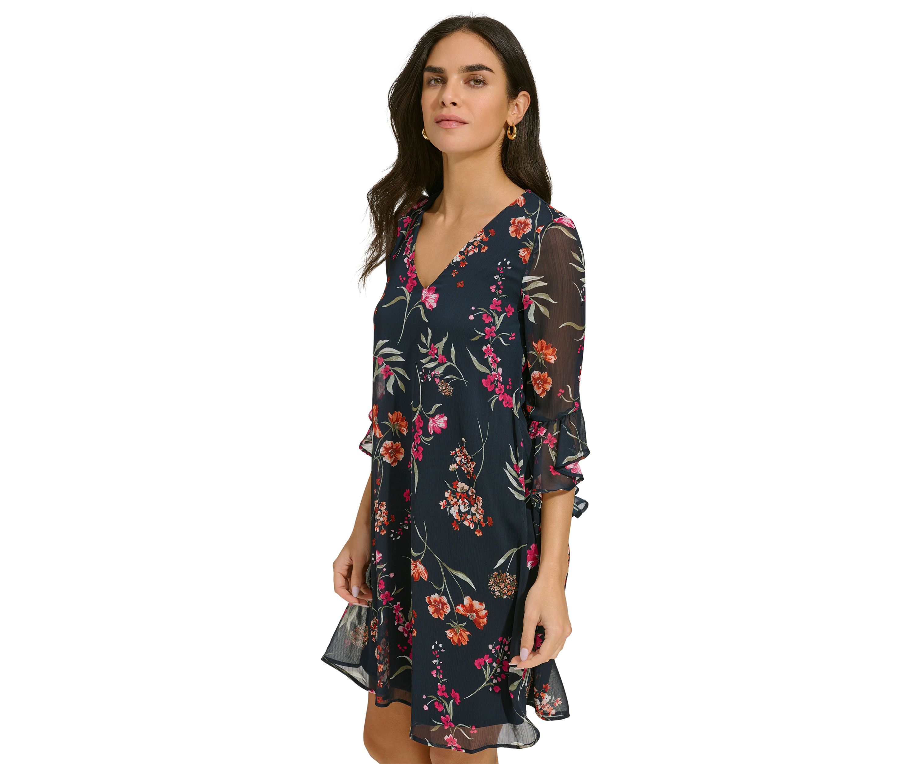 Womens Bell Sleeve Floral V-Neck Dress
