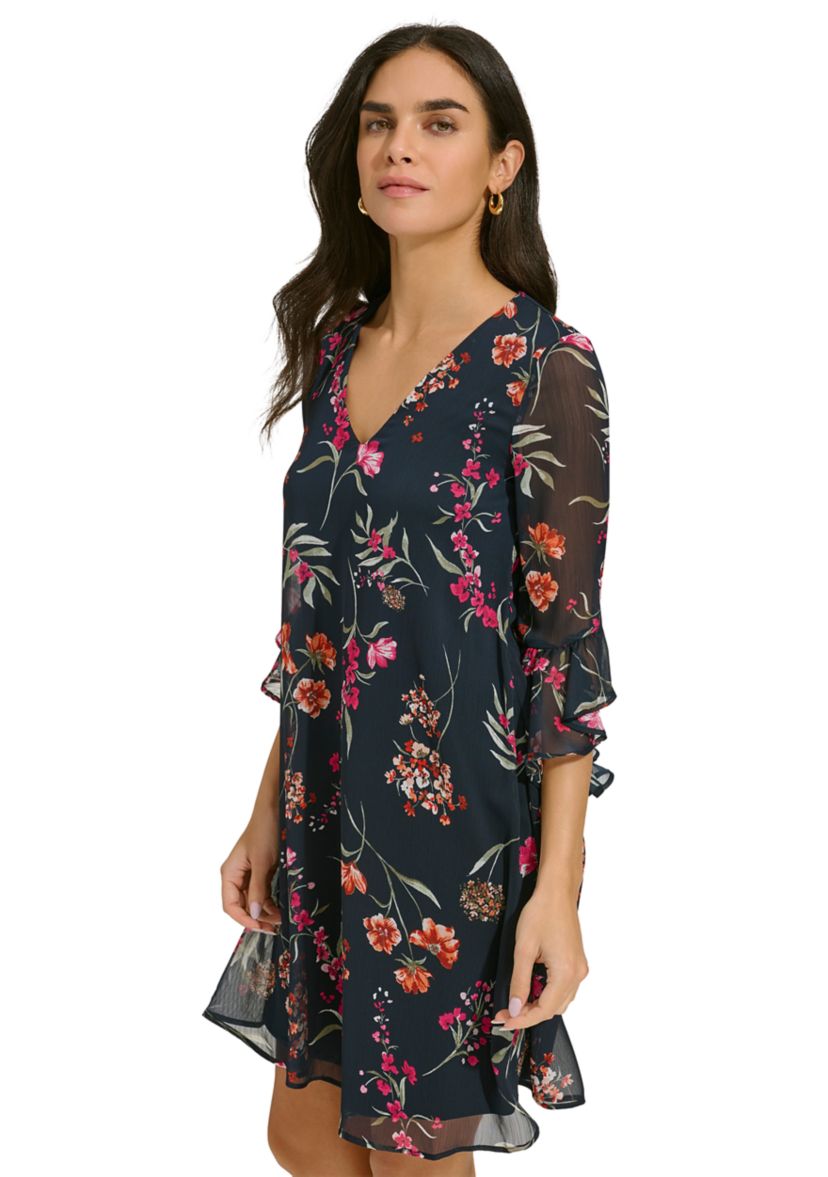 Womens Bell Sleeve Floral V-Neck Dress