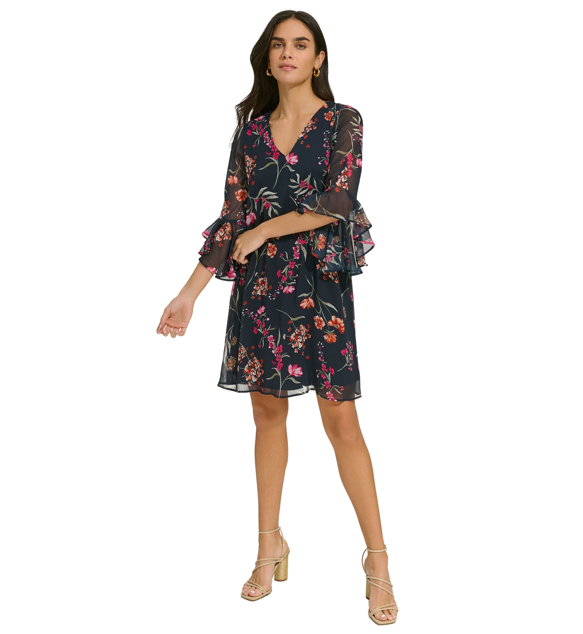 Womens Bell Sleeve Floral V-Neck Dress
