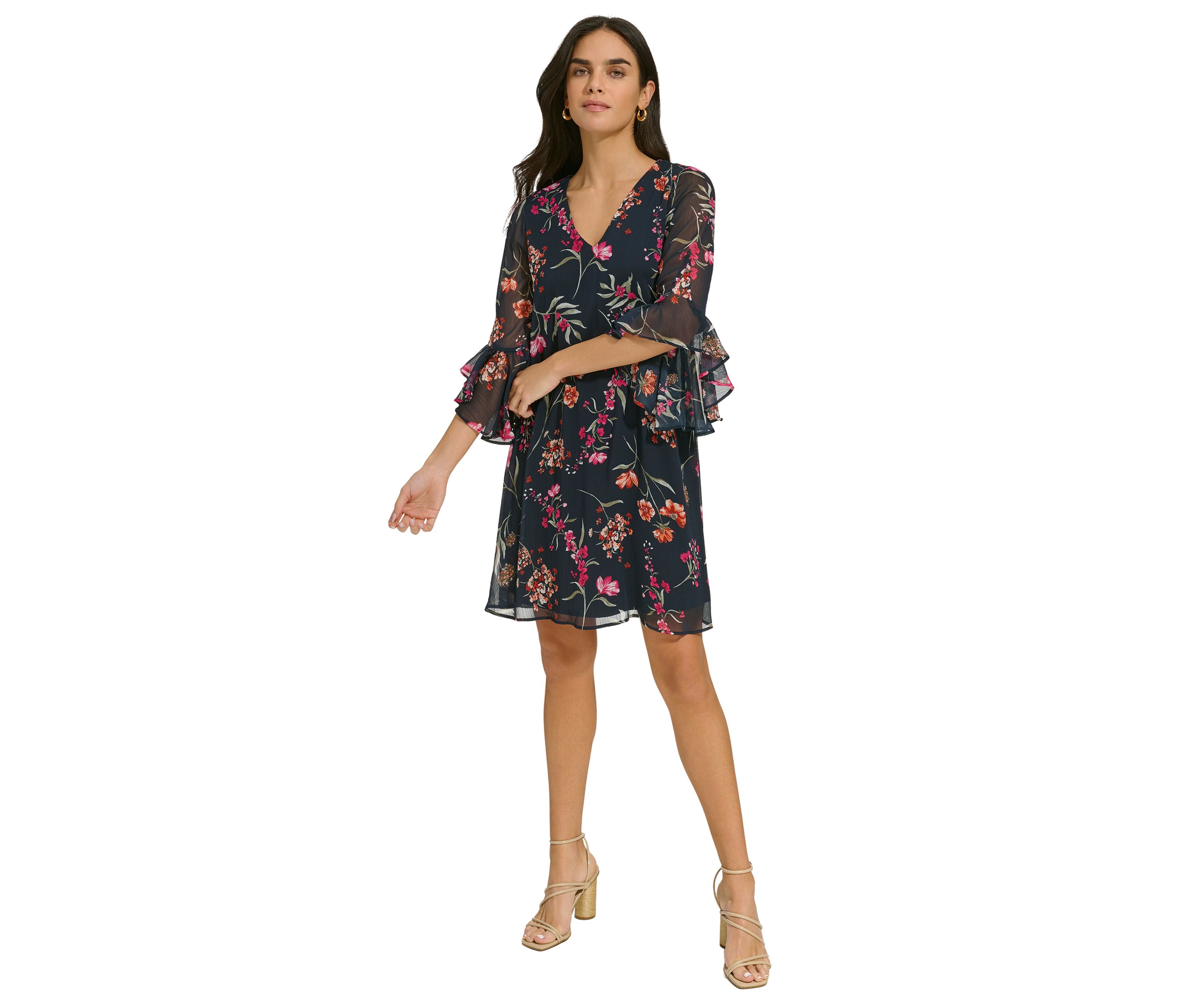 Womens Bell Sleeve Floral V-Neck Dress