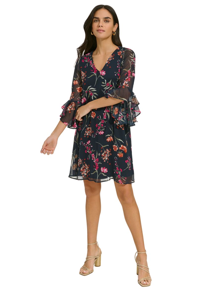Womens Bell Sleeve Floral V-Neck Dress