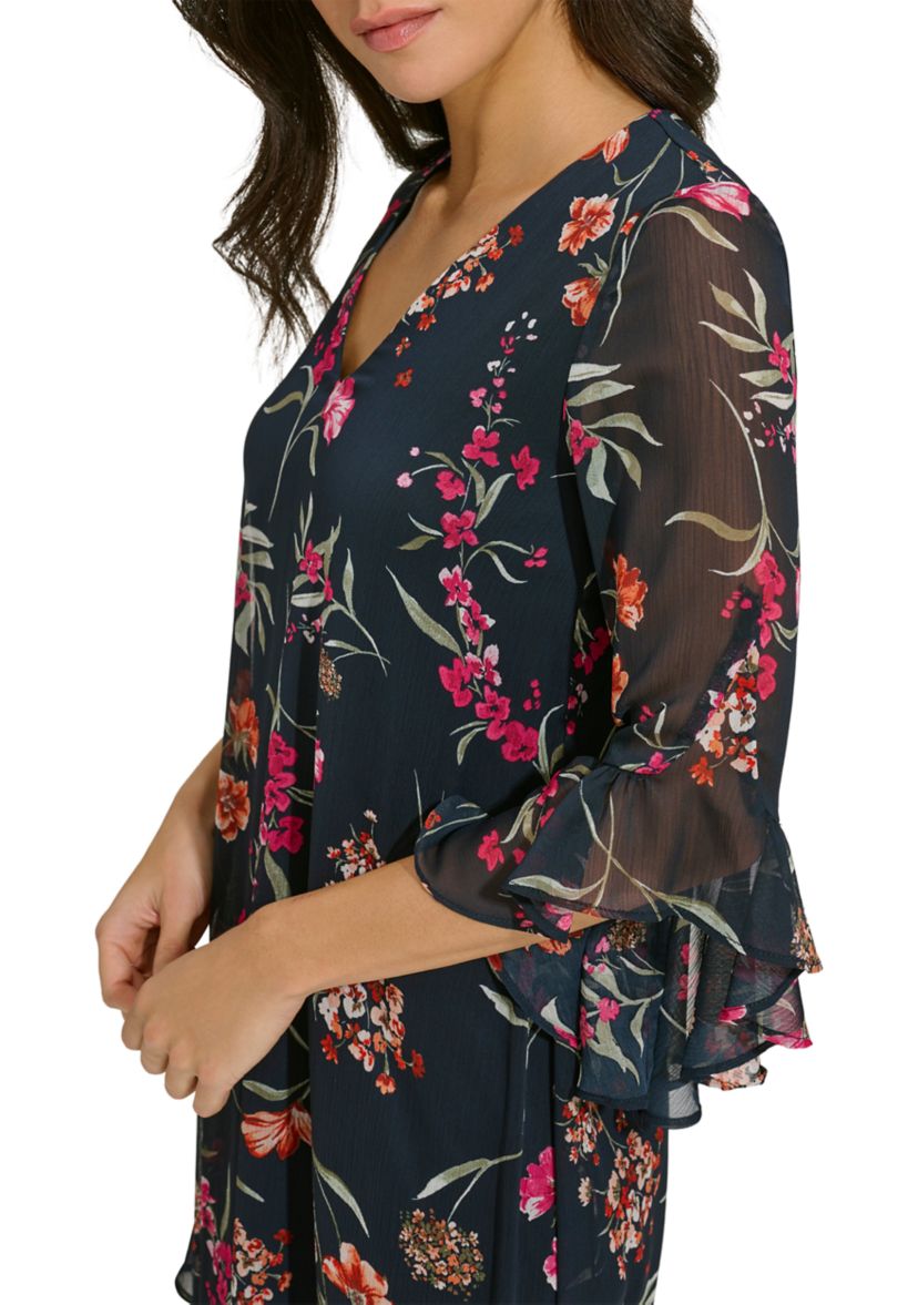 Womens Bell Sleeve Floral V-Neck Dress