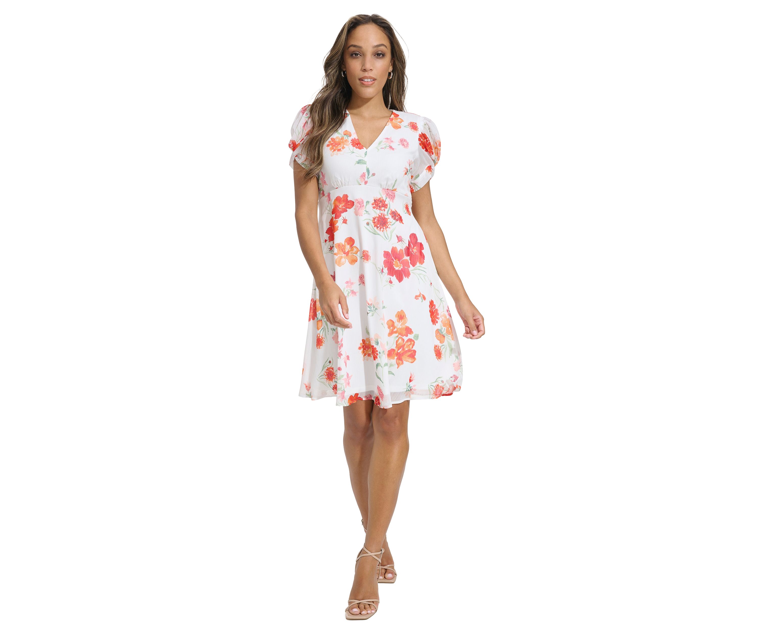 Womens Puff Sleeve Floral V-Neck Dress