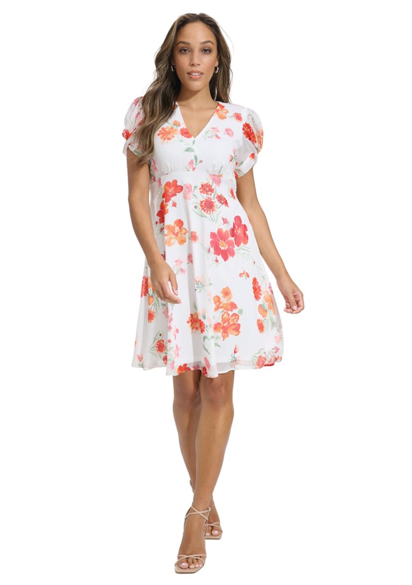Womens Puff Sleeve Floral V-Neck Dress