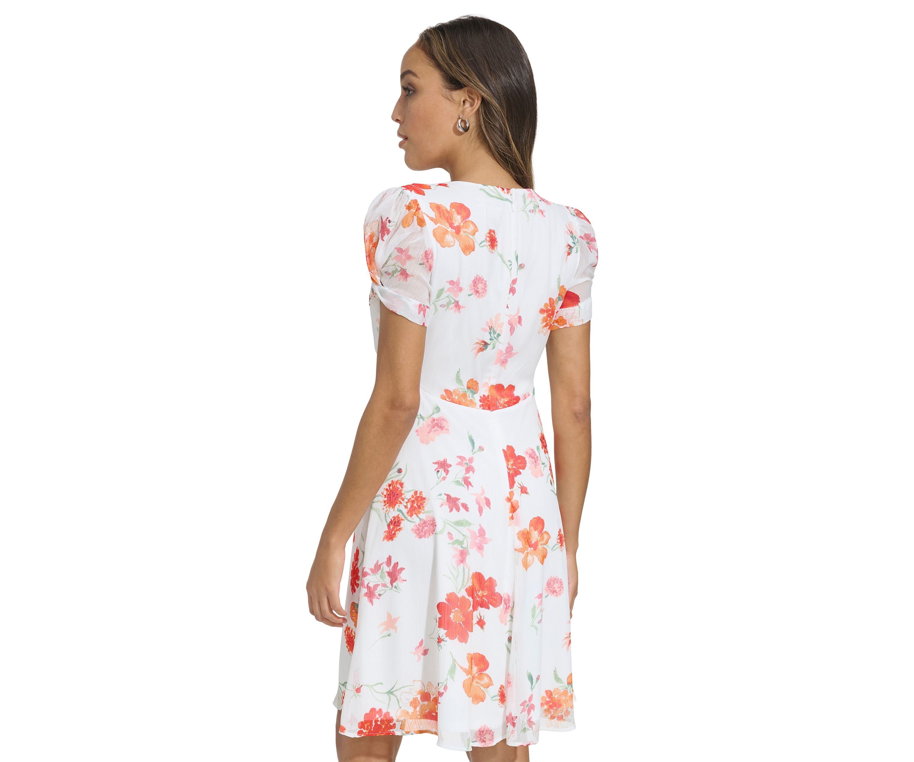 Womens Puff Sleeve Floral V-Neck Dress