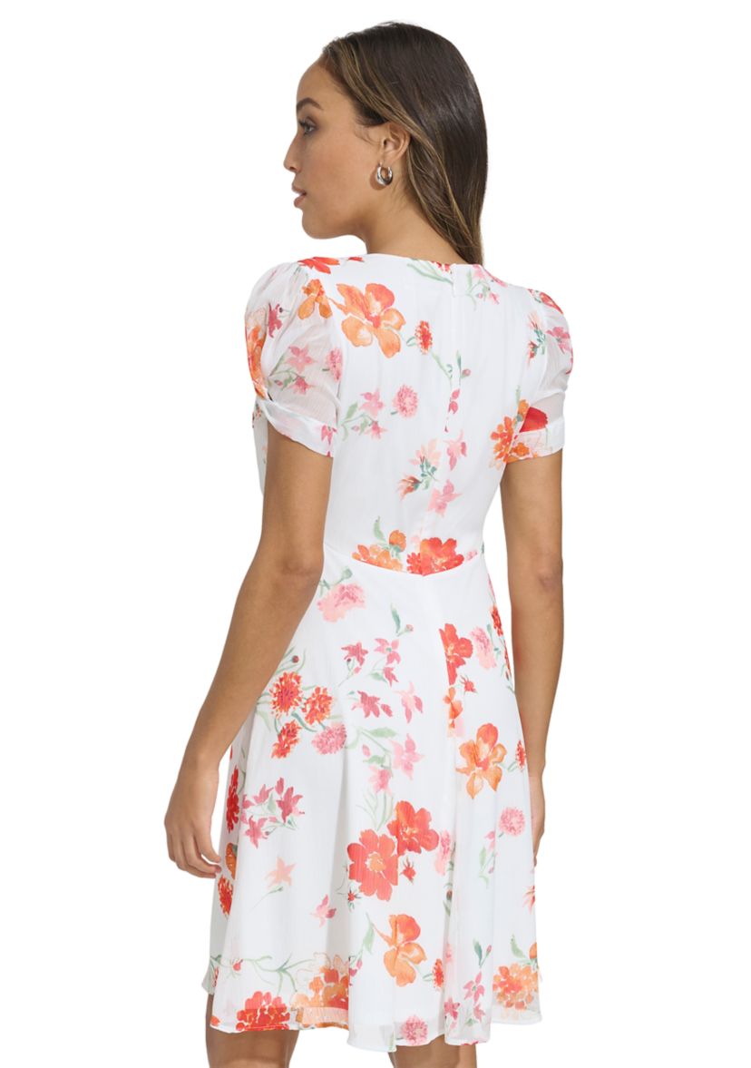 Womens Puff Sleeve Floral V-Neck Dress
