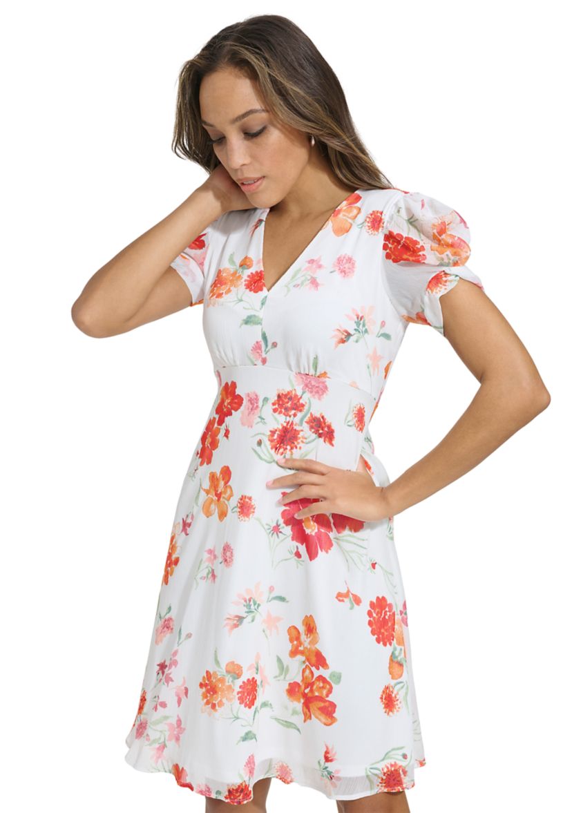 Womens Puff Sleeve Floral V-Neck Dress