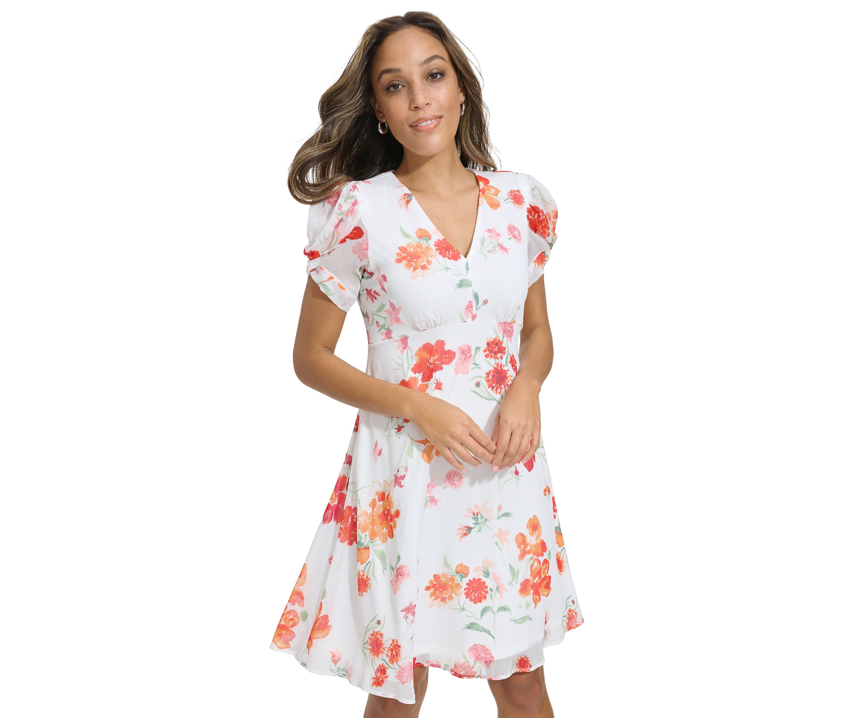 Womens Puff Sleeve Floral V-Neck Dress