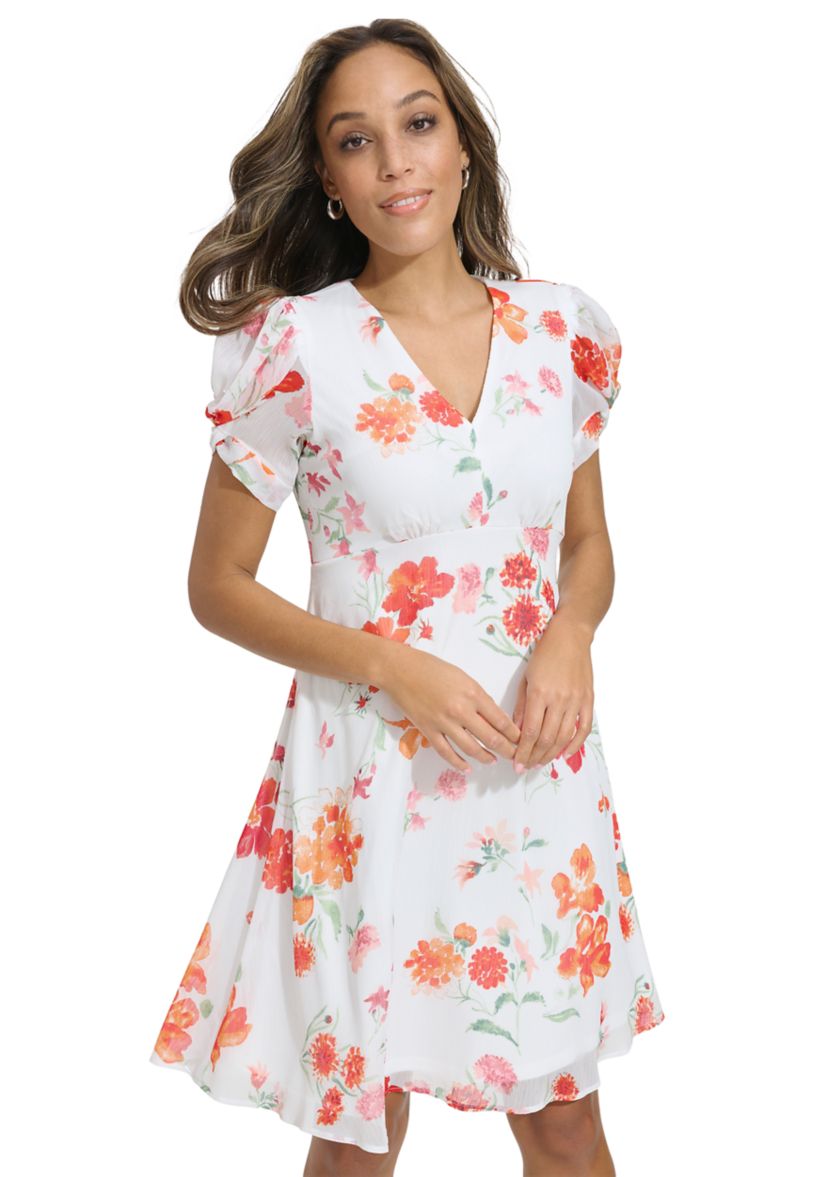 Womens Puff Sleeve Floral V-Neck Dress