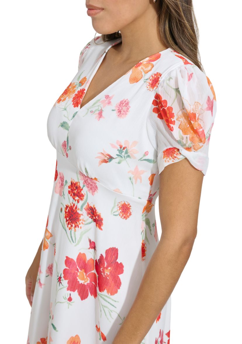 Womens Puff Sleeve Floral V-Neck Dress