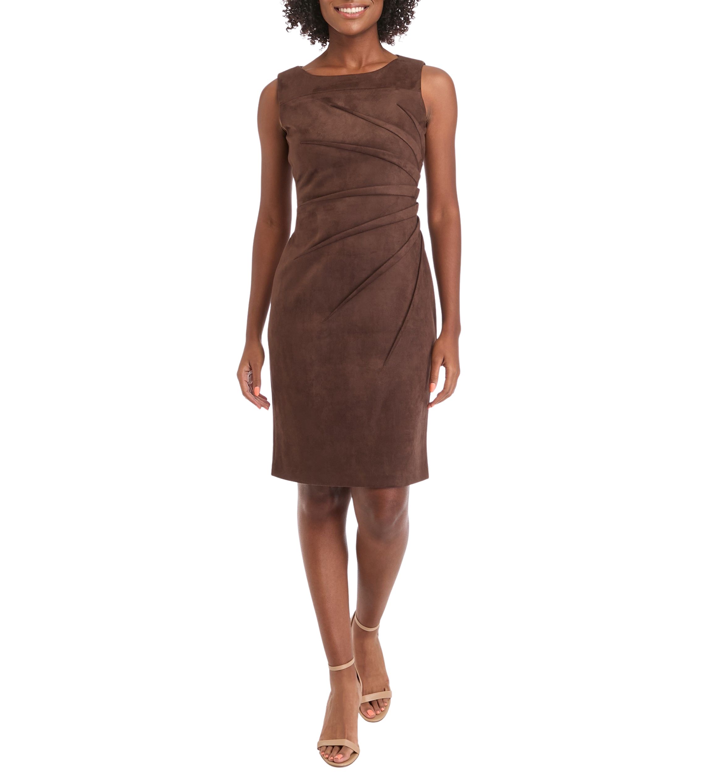 Womens Sleeveless Crew Neck Solid Side Ruch Suede Sheath Dress