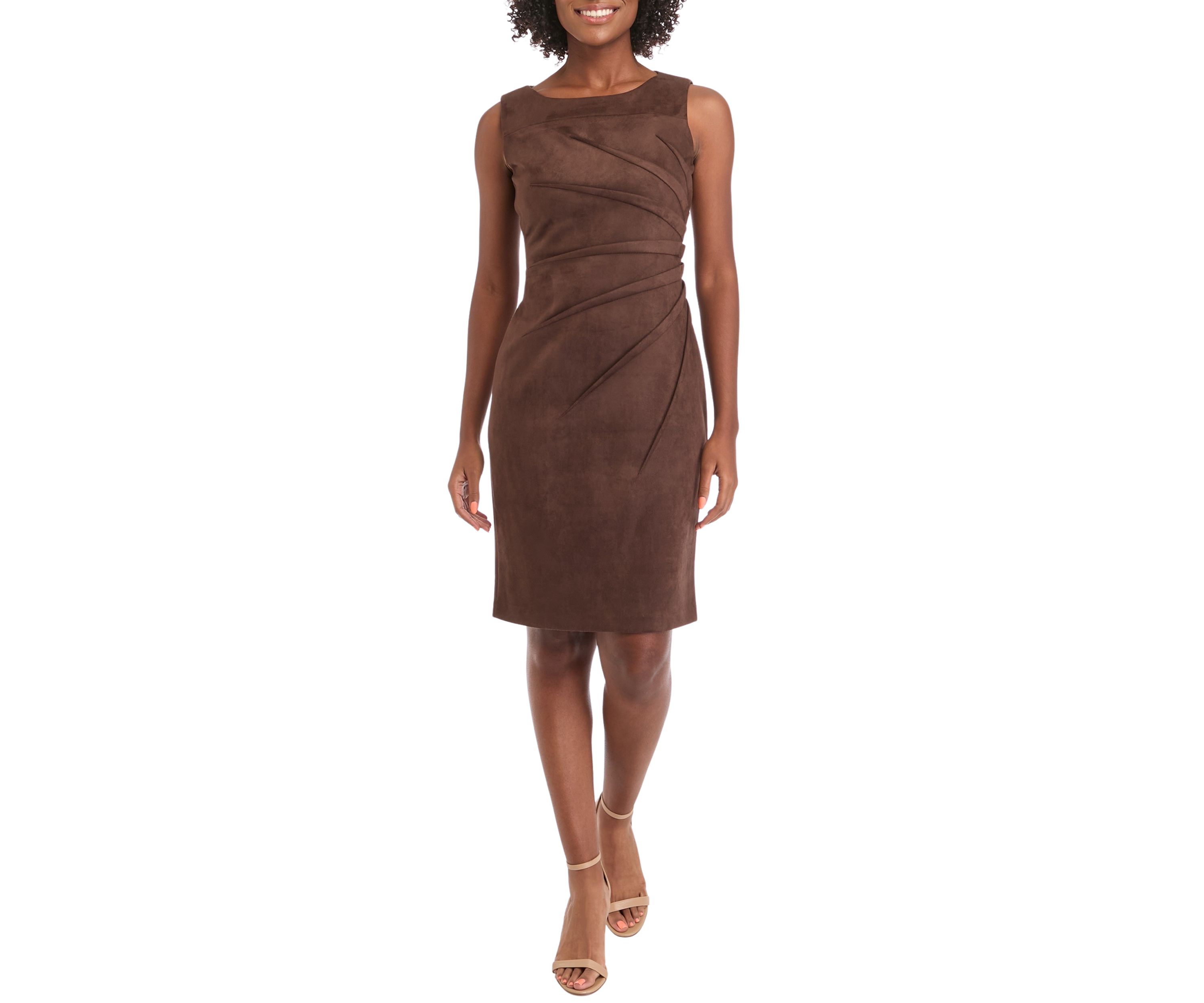 Womens Sleeveless Crew Neck Solid Side Ruch Suede Sheath Dress