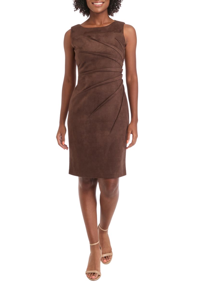 Womens Sleeveless Crew Neck Solid Side Ruch Suede Sheath Dress