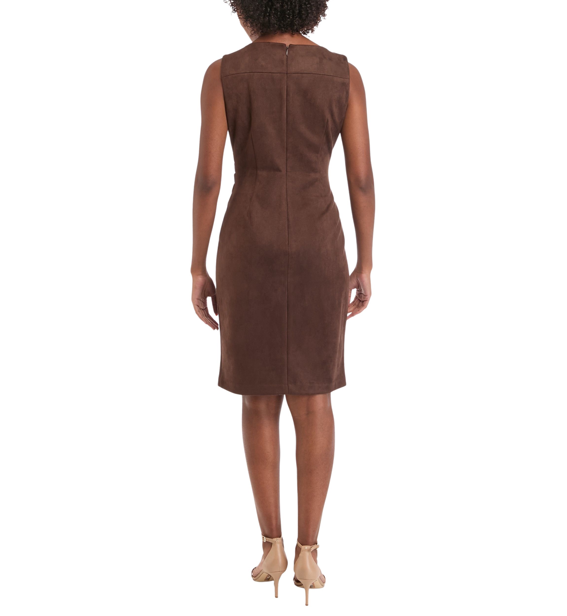 Womens Sleeveless Crew Neck Solid Side Ruch Suede Sheath Dress
