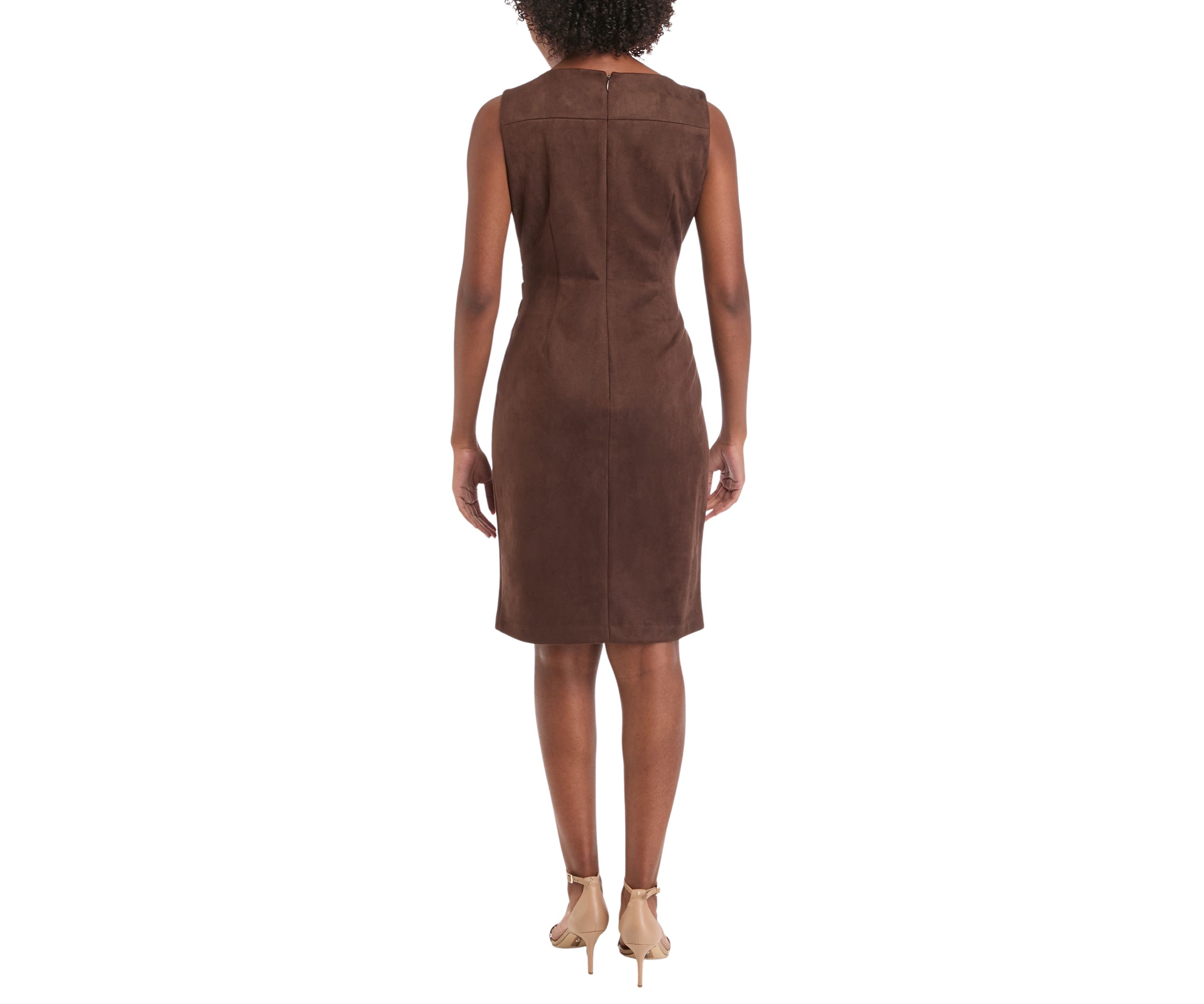 Womens Sleeveless Crew Neck Solid Side Ruch Suede Sheath Dress