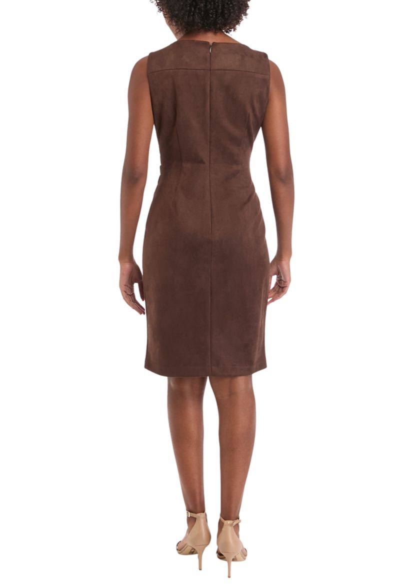 Womens Sleeveless Crew Neck Solid Side Ruch Suede Sheath Dress