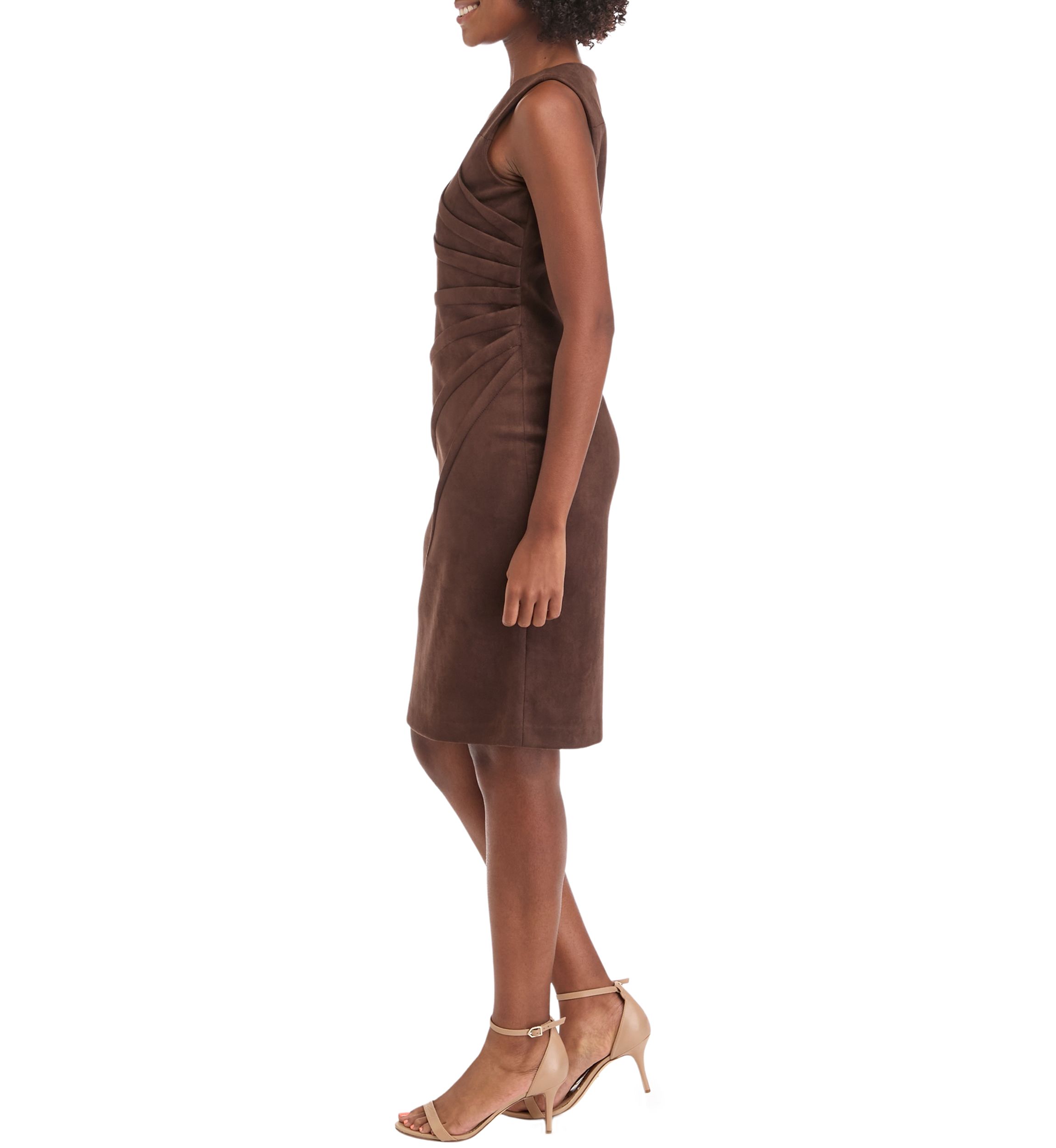Womens Sleeveless Crew Neck Solid Side Ruch Suede Sheath Dress
