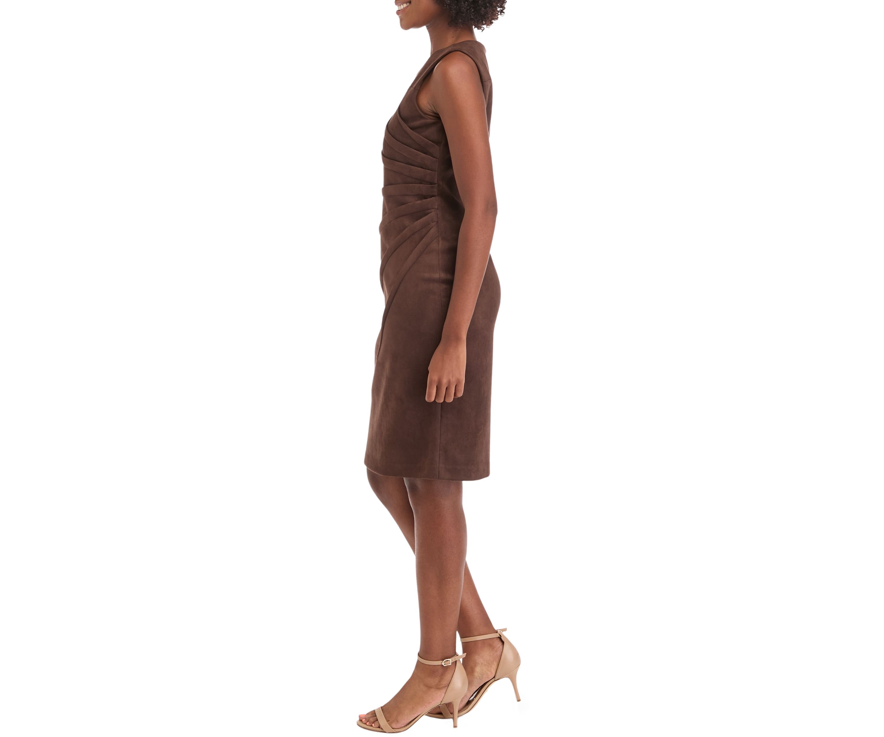 Womens Sleeveless Crew Neck Solid Side Ruch Suede Sheath Dress
