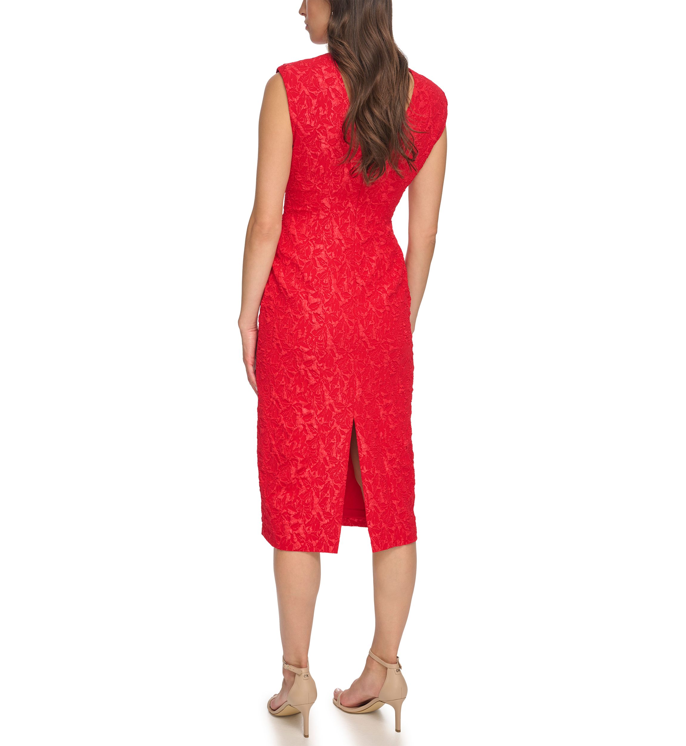 Womens Sleeveless Solid Brocade Sheath Dress