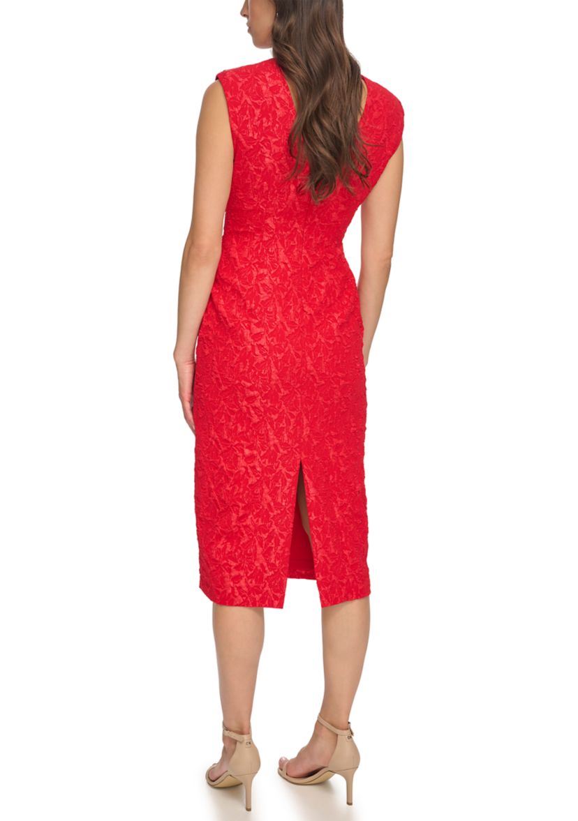 Womens Sleeveless Solid Brocade Sheath Dress