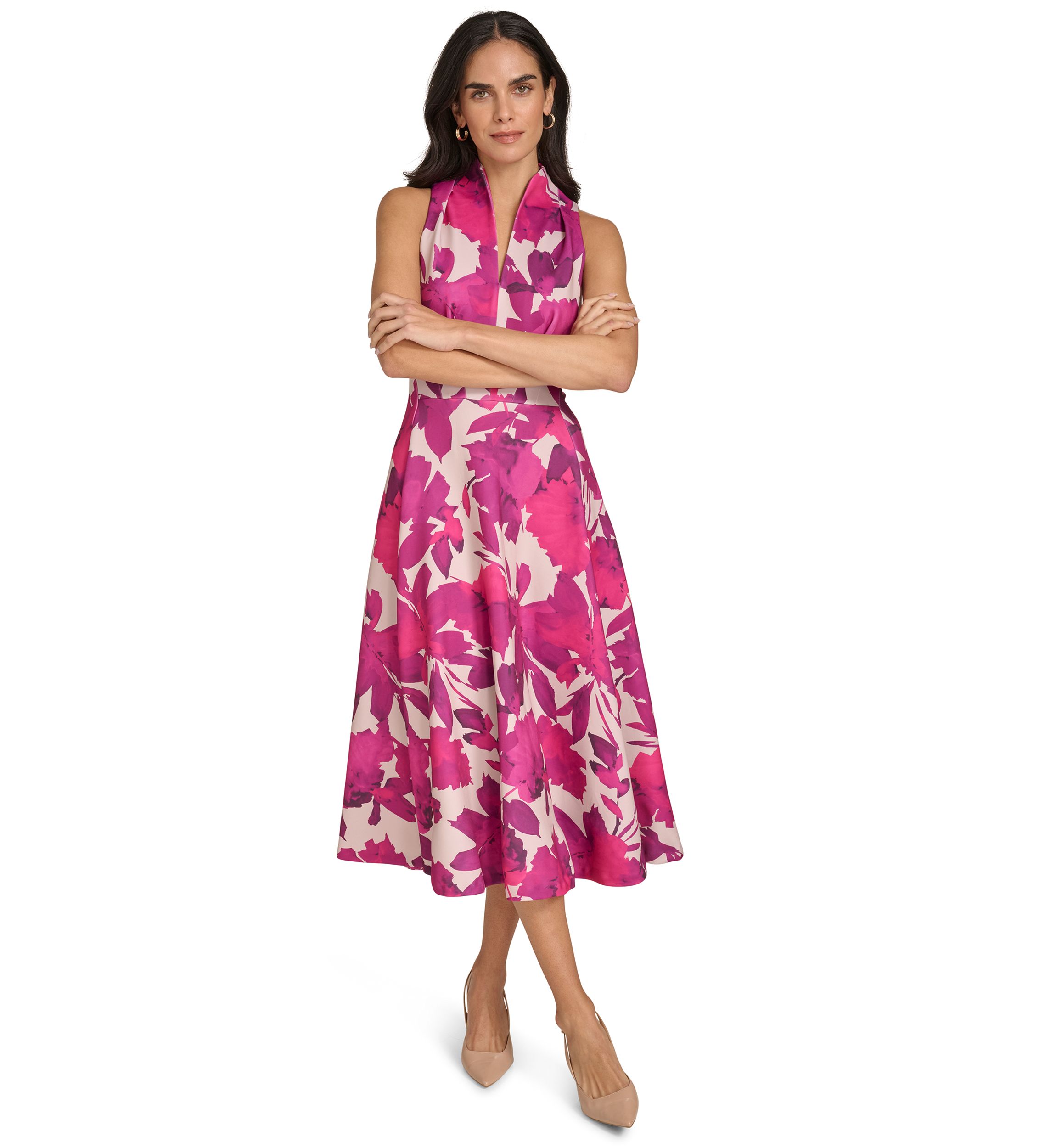 Womens Sleeveless High Neck Floral Print A-Line Dress
