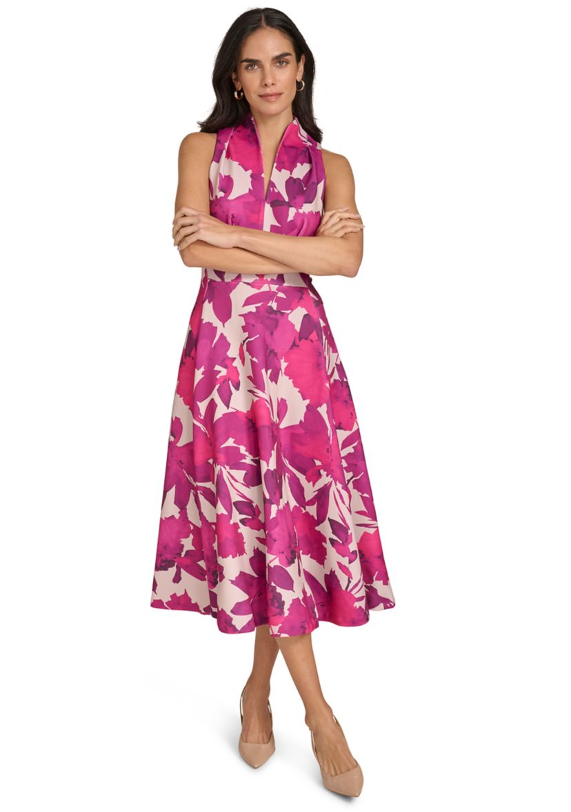 Womens Sleeveless High Neck Floral Print A-Line Dress