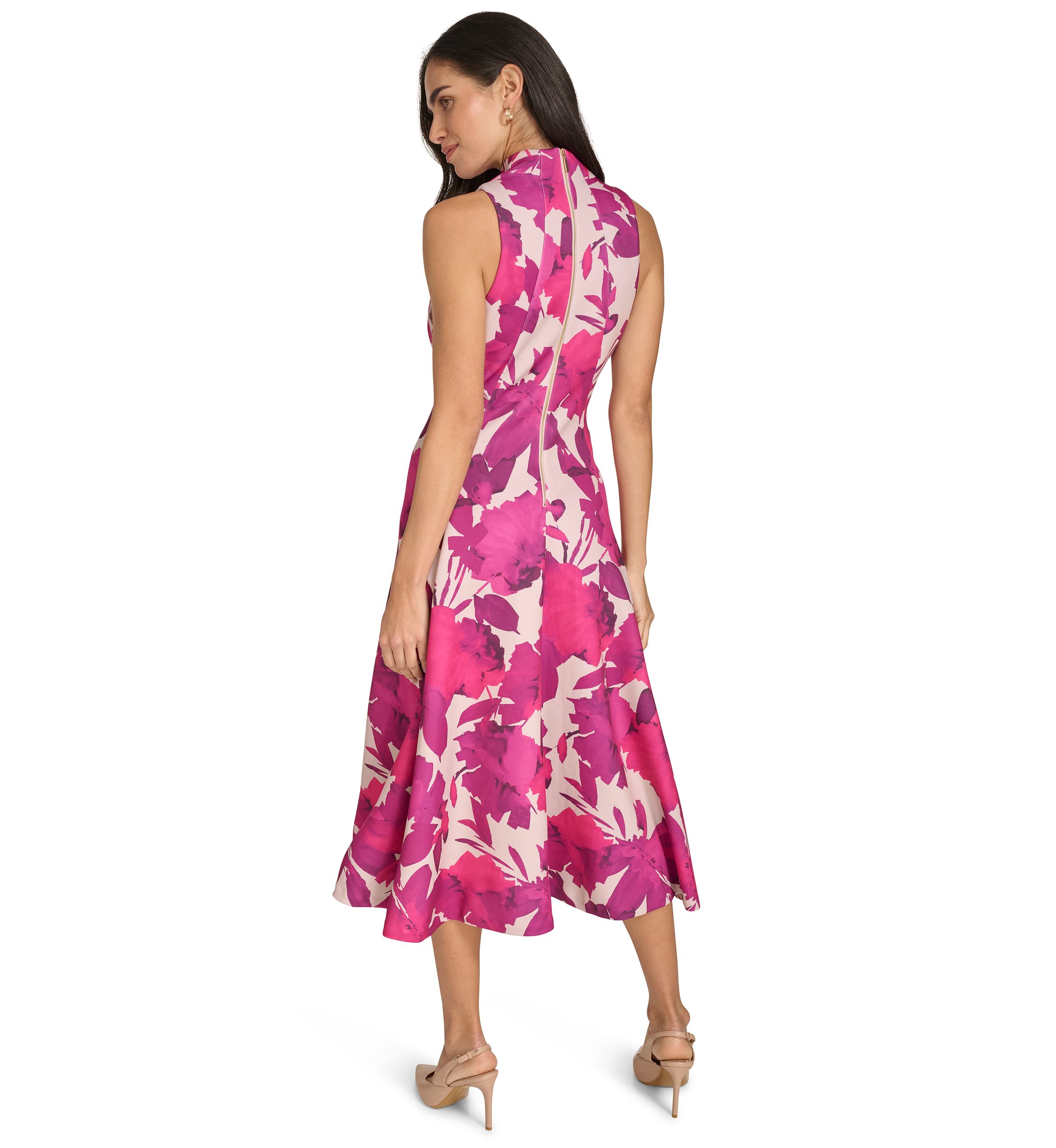 Womens Sleeveless High Neck Floral Print A-Line Dress