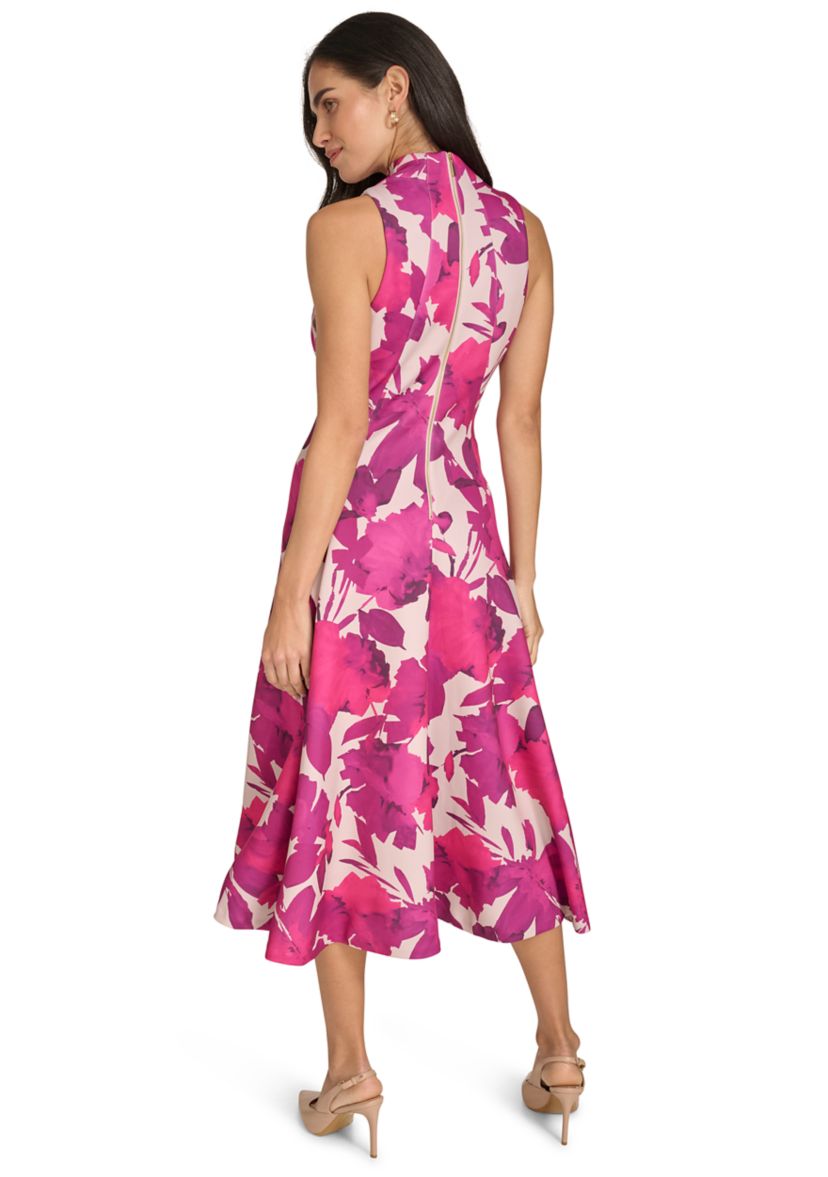 Womens Sleeveless High Neck Floral Print A-Line Dress