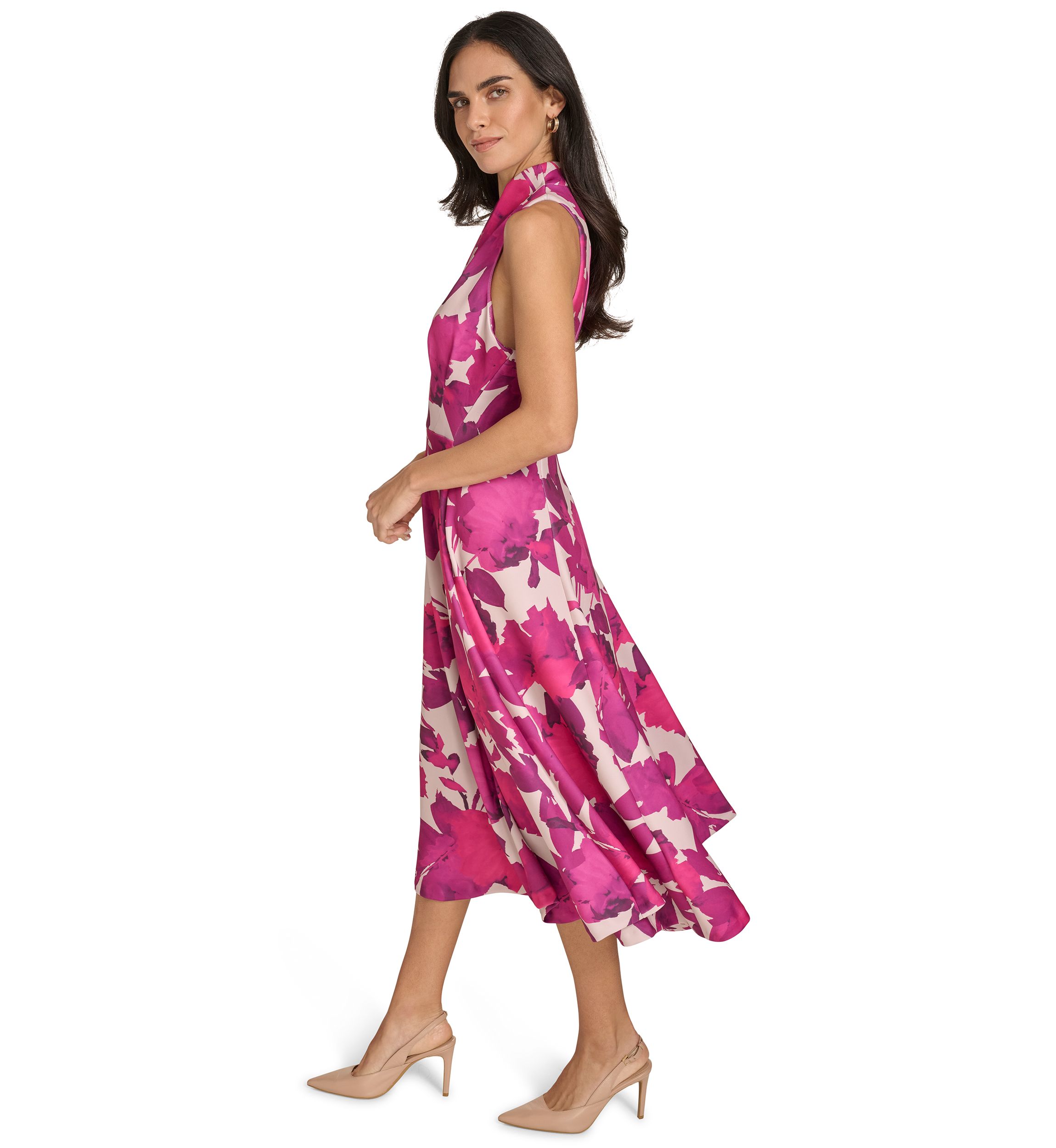 Womens Sleeveless High Neck Floral Print A-Line Dress